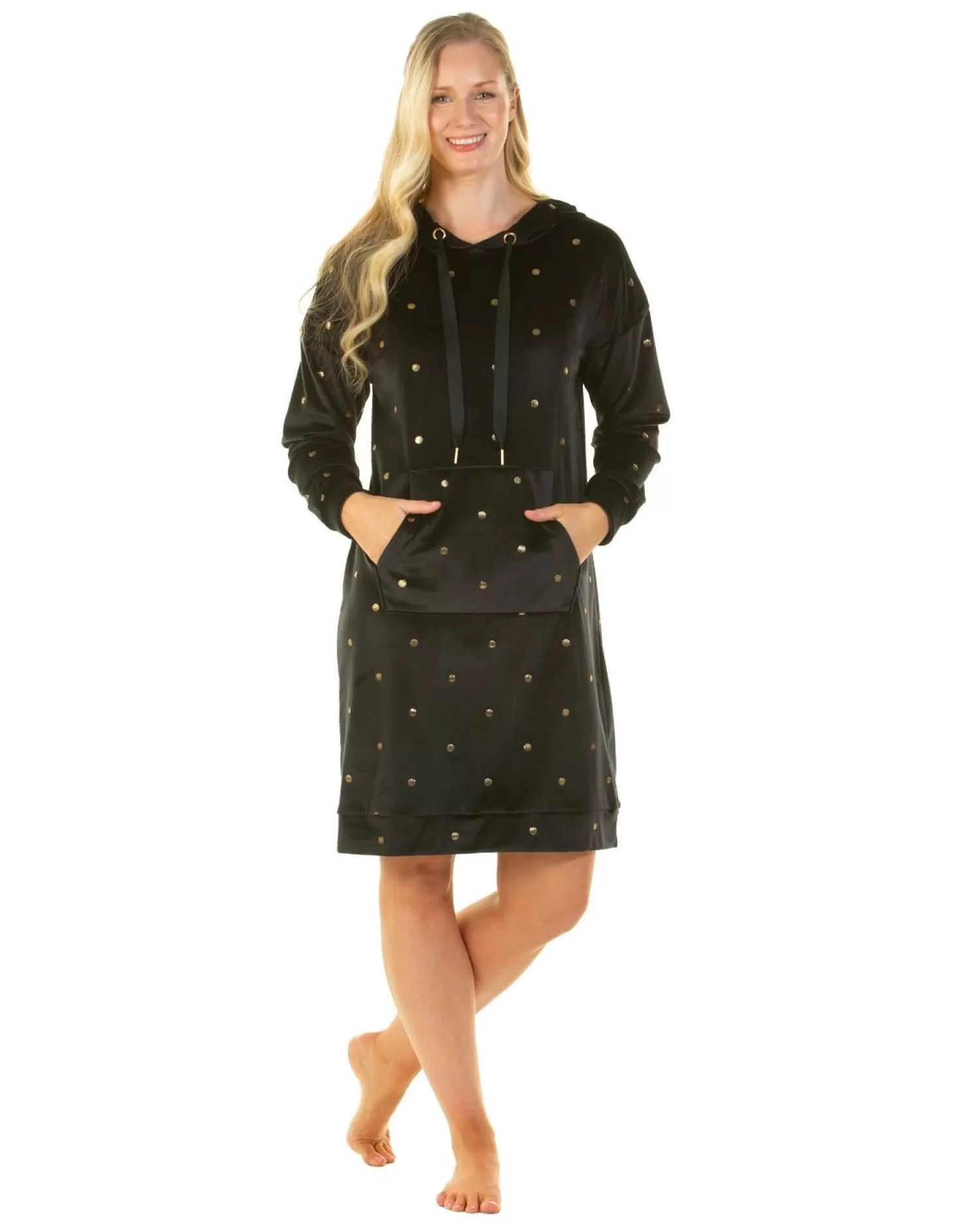 La Marquise Nighties | Gold Dot Velour Hooded Nightie - Black