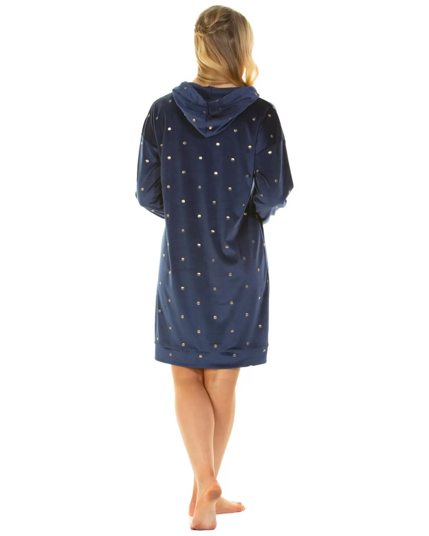 La Marquise Nighties | Gold Dot Velour Hooded Nightie - Navy