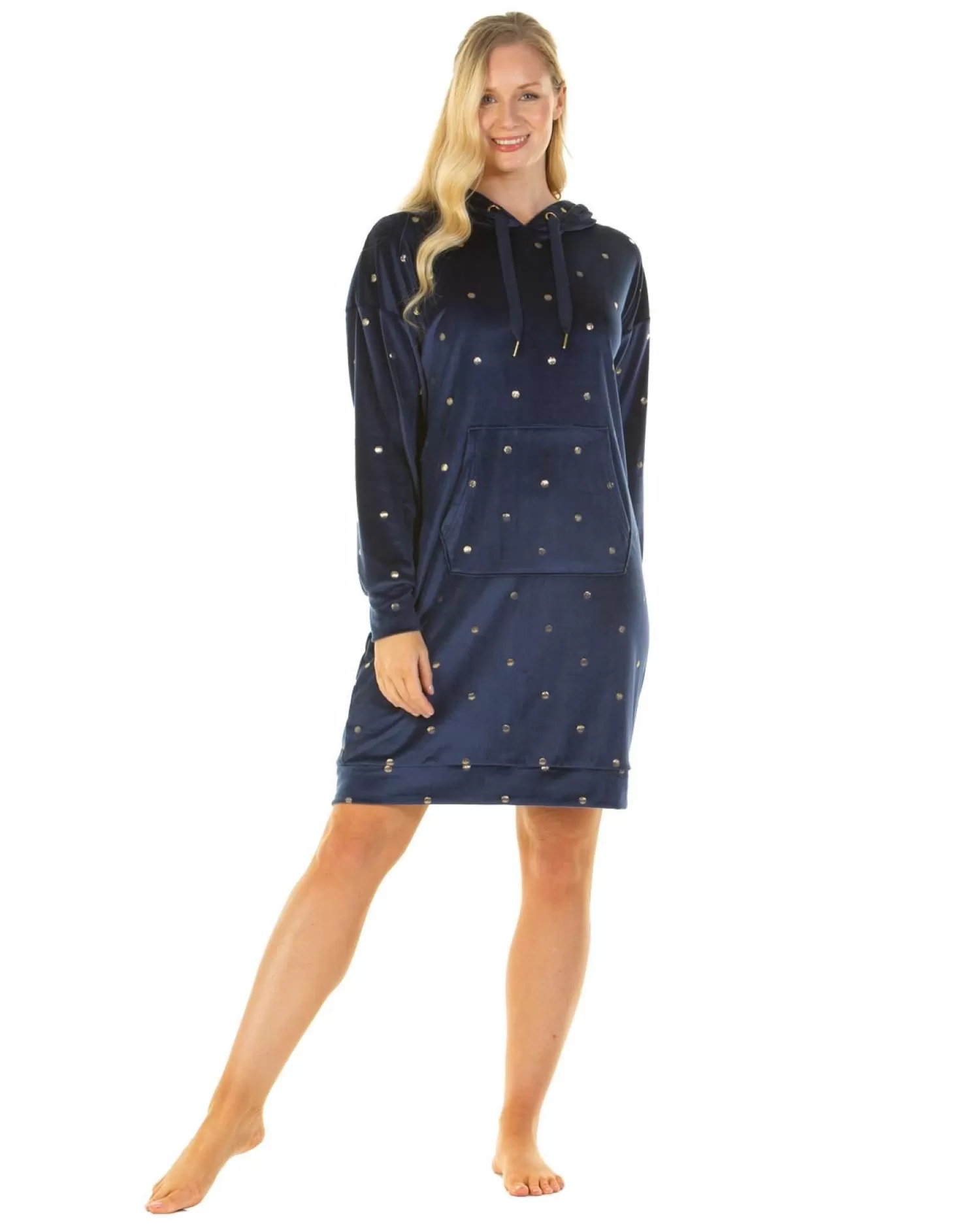 La Marquise Nighties | Gold Dot Velour Hooded Nightie - Navy