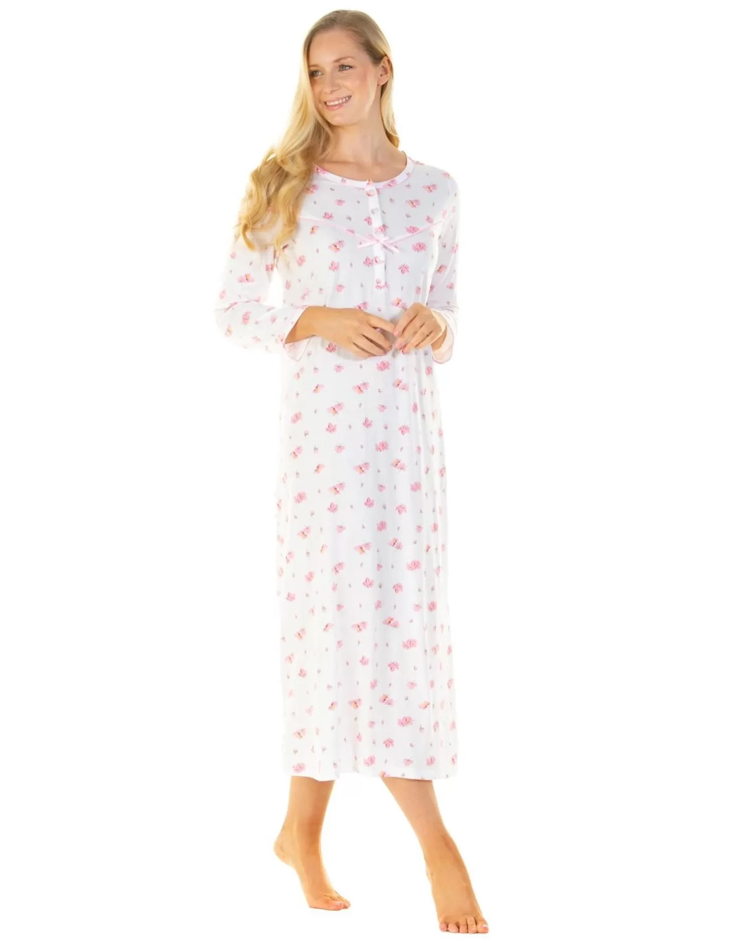 La Marquise Nighties | Pink Blush Jersey Long Sleeve Longer Length Nightie - Ivory