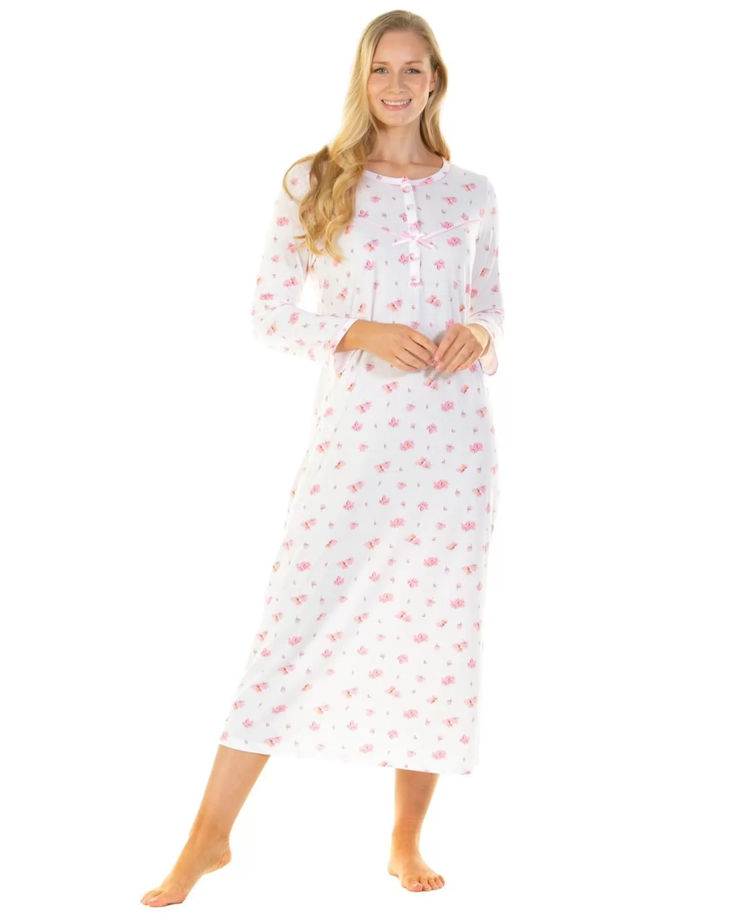 La Marquise Nighties | Pink Blush Jersey Long Sleeve Longer Length Nightie - Ivory