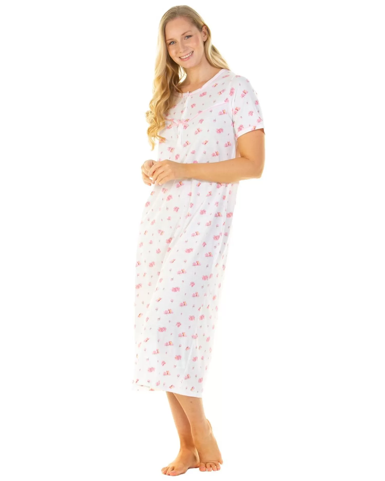 La Marquise Nighties | Pink Blush Jersey Short Sleeve Longer Length Nightie - Ivory