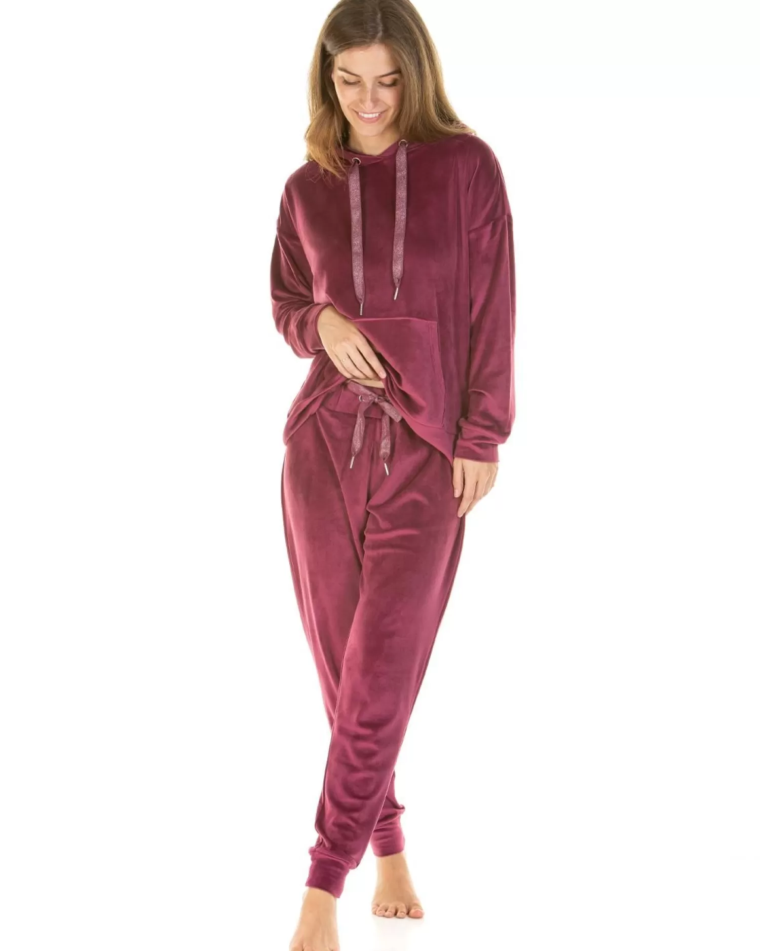 La Marquise Pyjamas | Velour Lounge Hooded Pyjamas - Burgundy