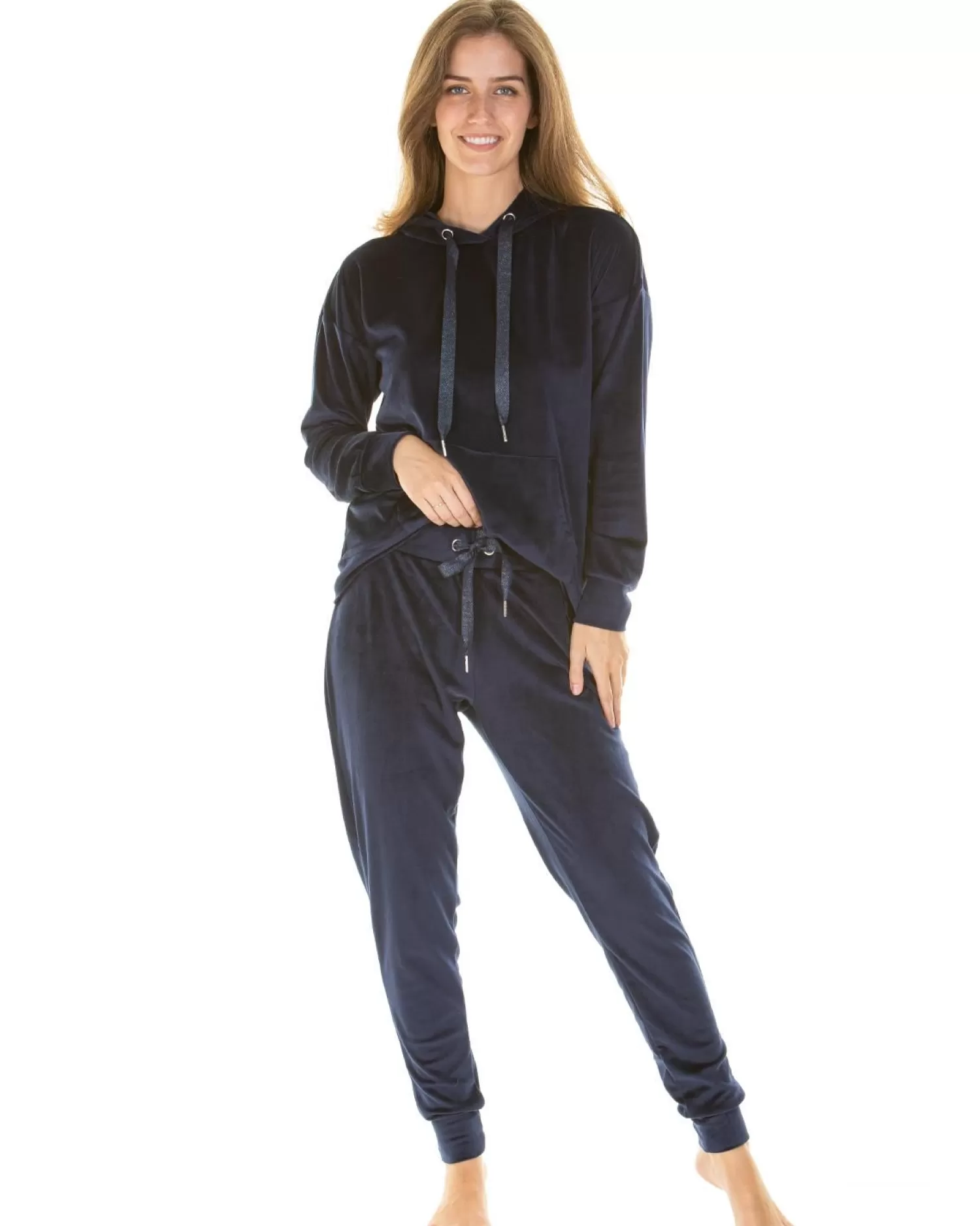 La Marquise Pyjamas | Velour Lounge Hooded Pyjamas - Navy