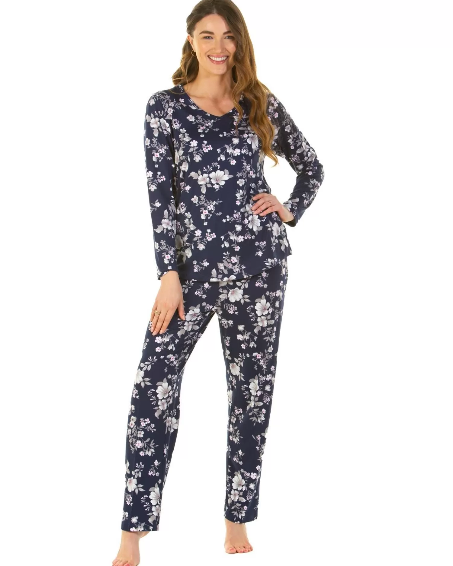 La Marquise Pyjamas | Winter Floral Long Sleeve Pyjamas - Navy