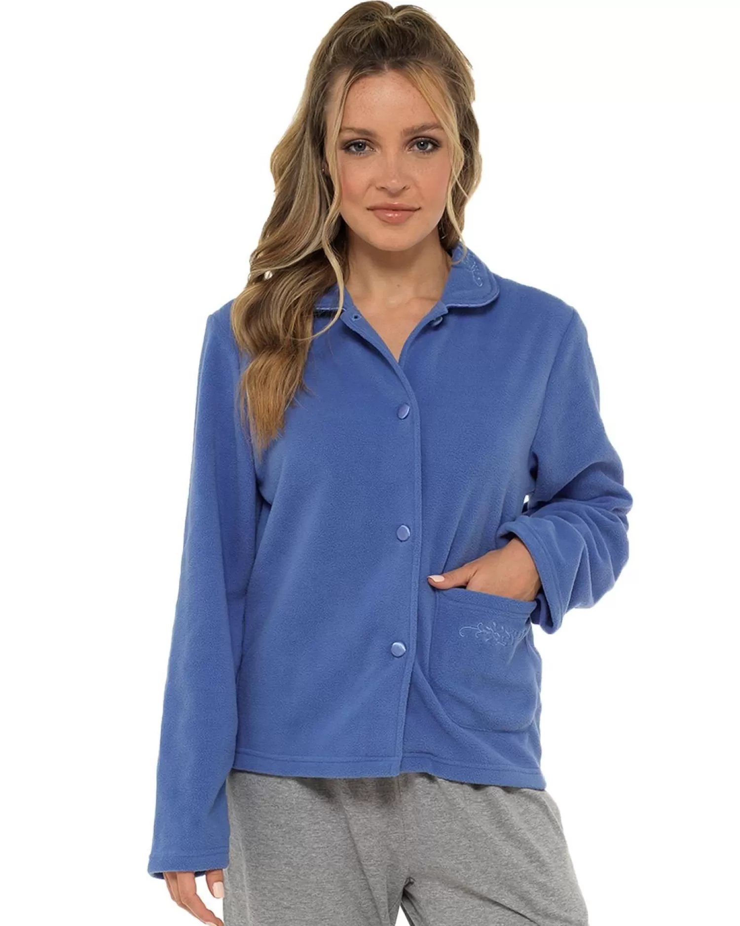 Lady Olga Dressing Gowns | Daisy Fleece Button Bed Jacket - Blue