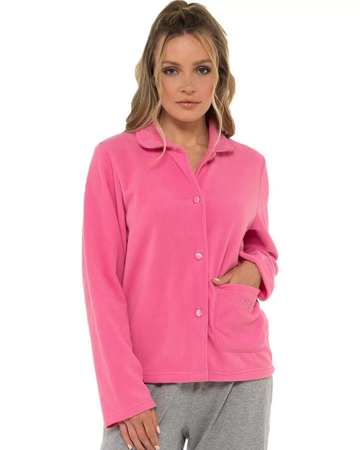 Lady Olga Dressing Gowns | Daisy Fleece Button Bed Jacket - Pink