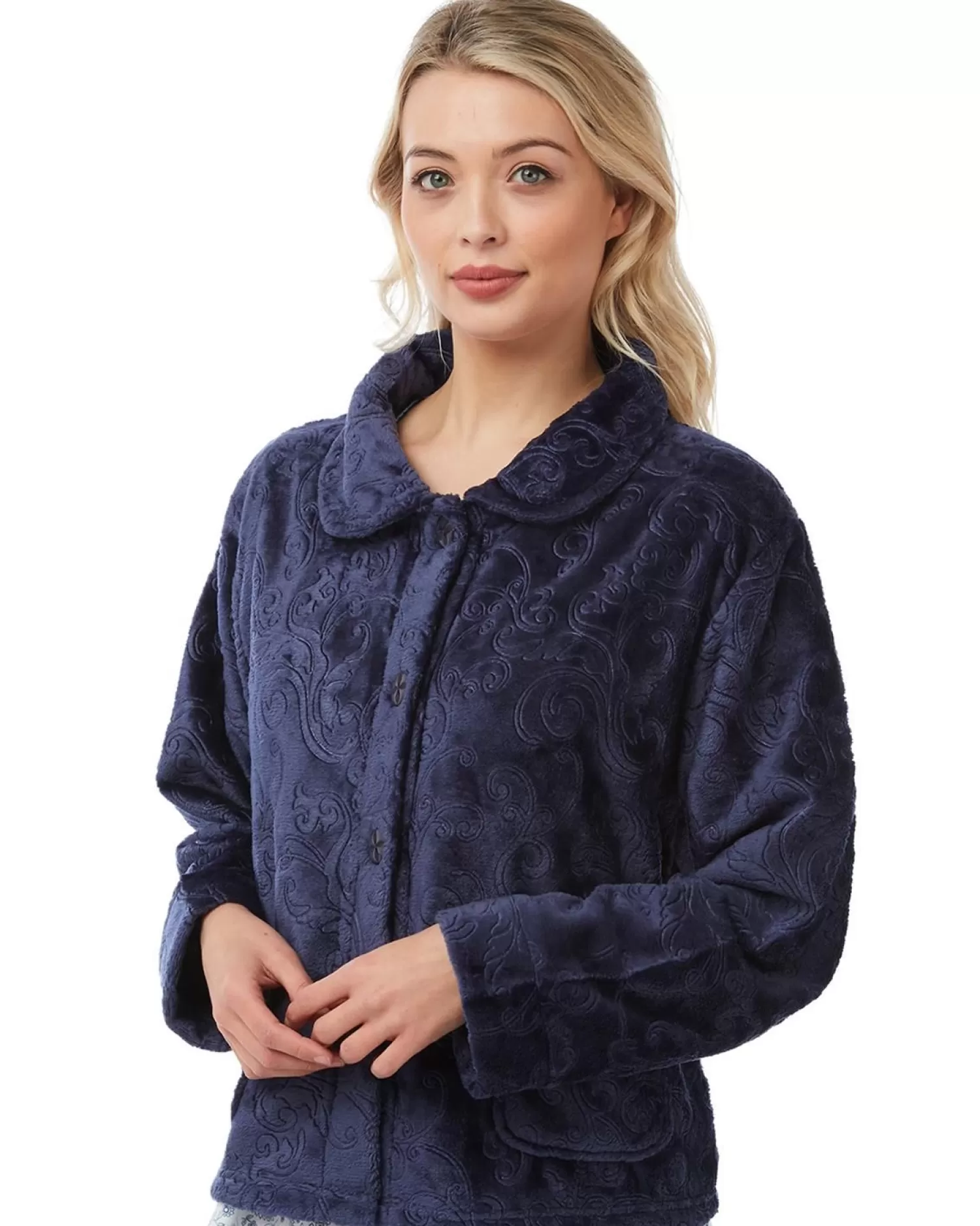 Lady Olga Dressing Gowns | Embossed Bed Jacket - Navy