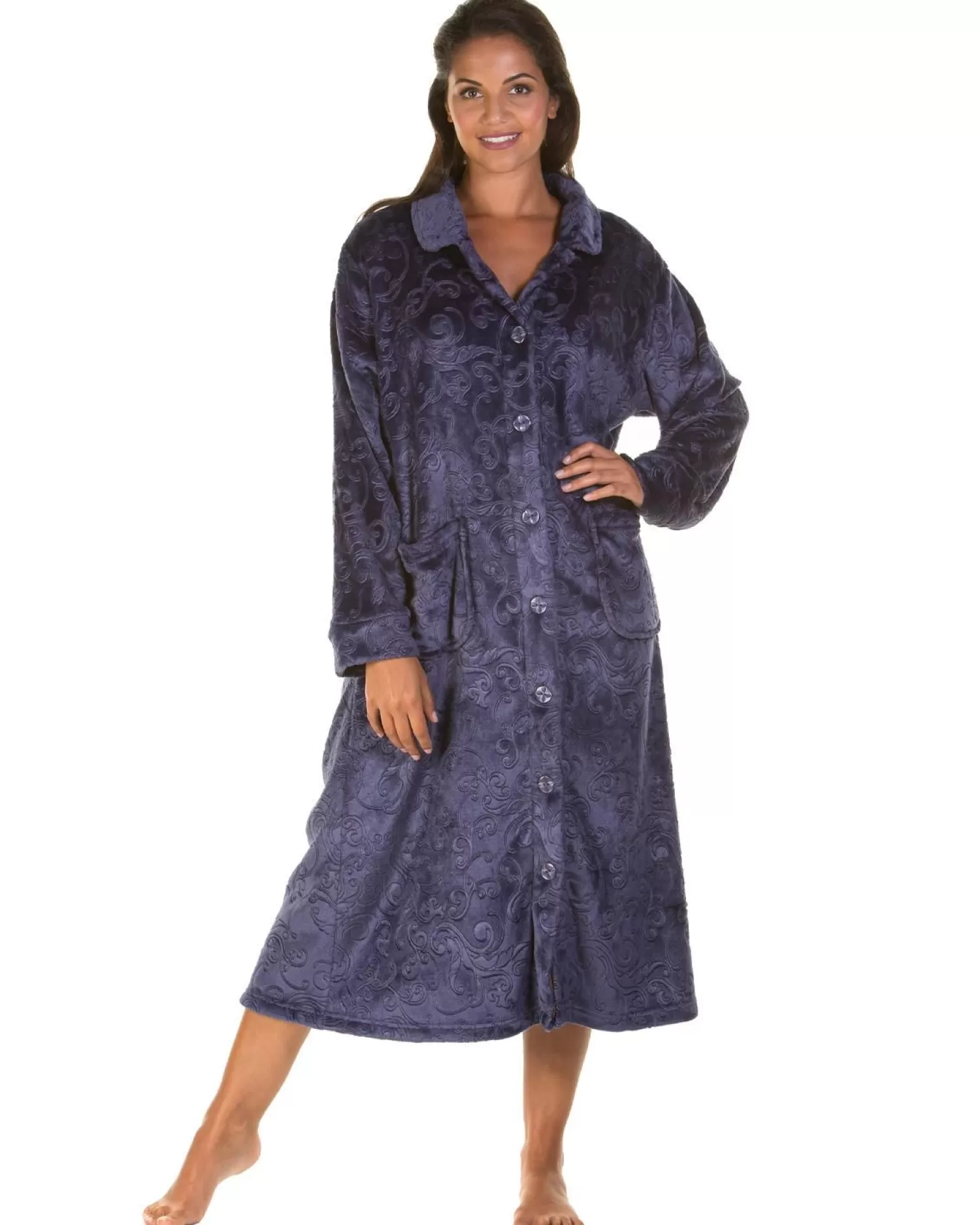 Lady Olga Dressing Gowns | Embossed Button Dressing Gown - Navy