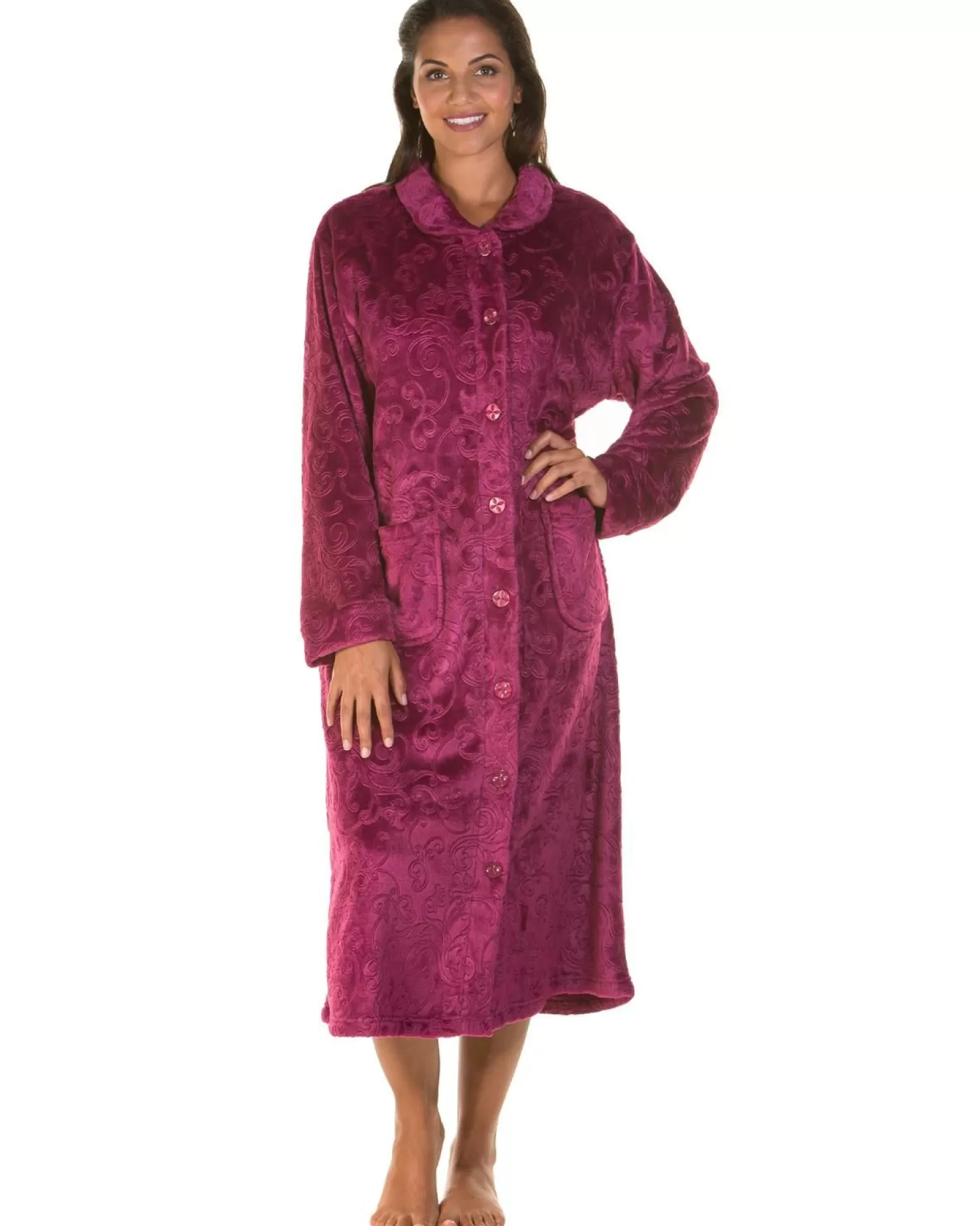 Lady Olga Dressing Gowns | Embossed Button Dressing Gown - Rose