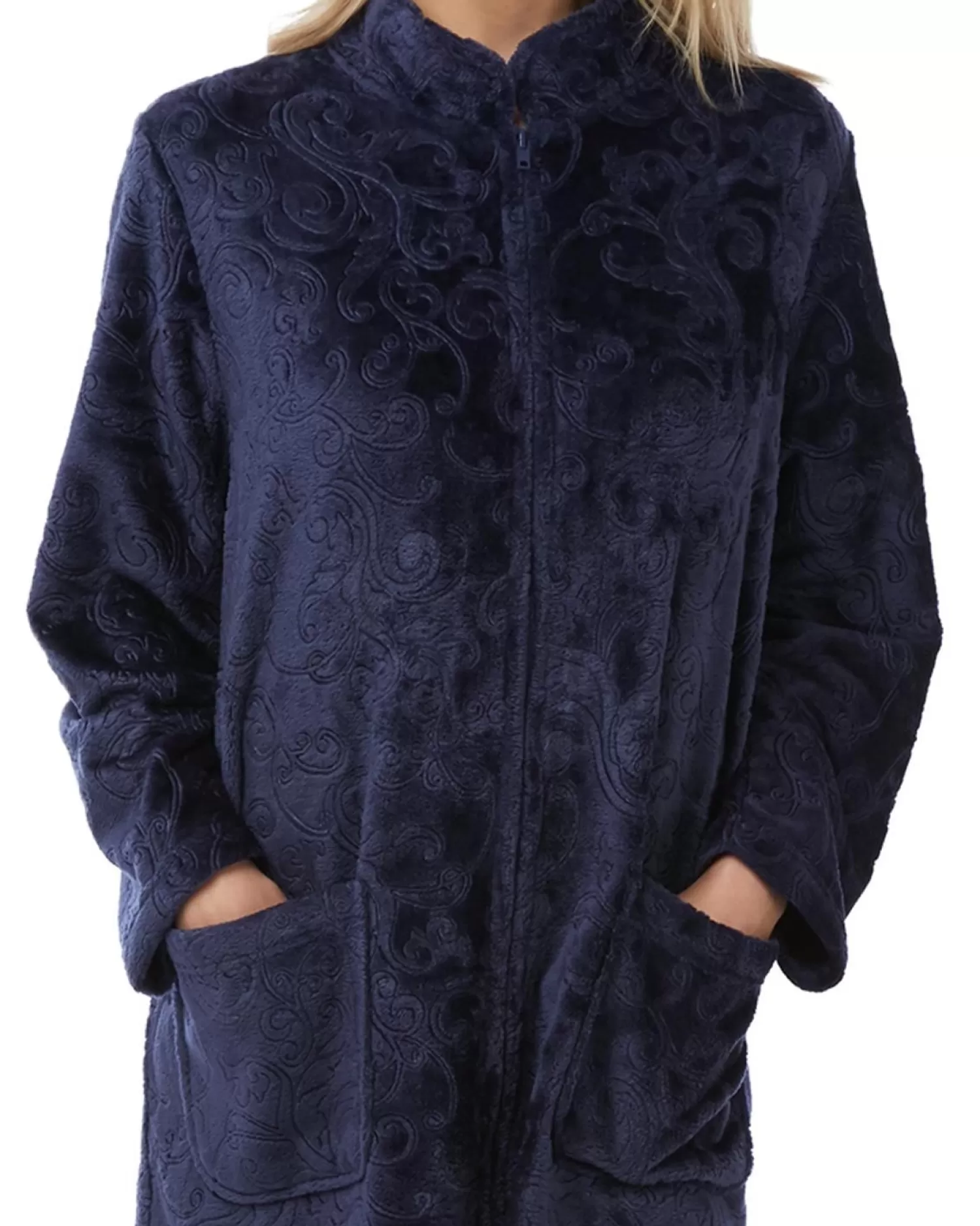 Lady Olga Dressing Gowns | Embossed Zip Dressing Gown - Navy