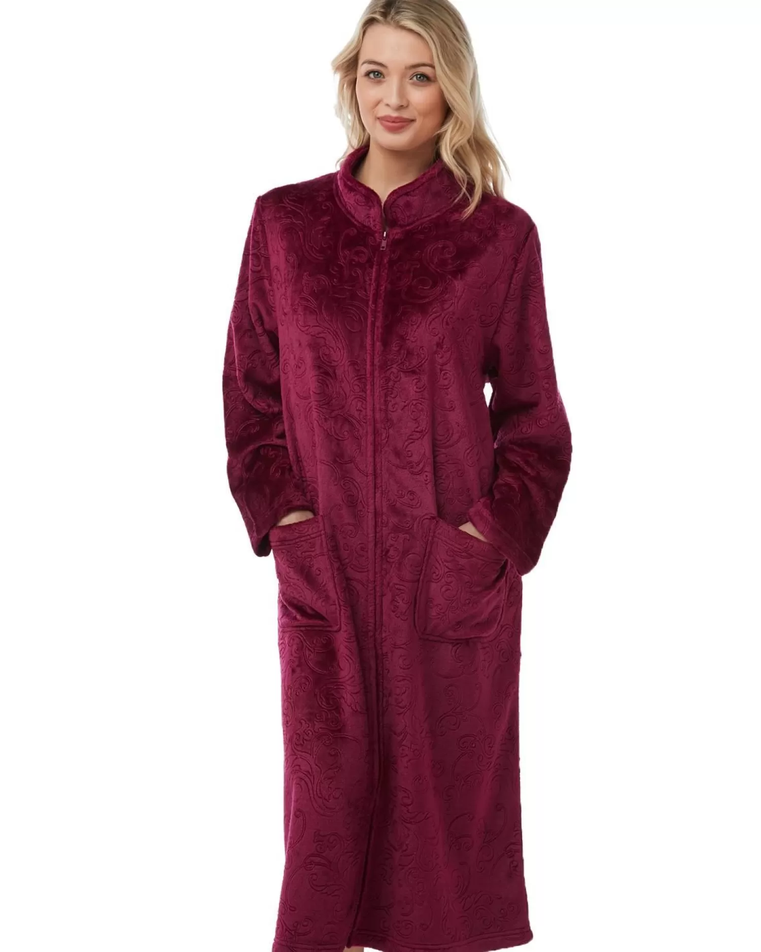 Lady Olga Dressing Gowns | Embossed Zip Dressing Gown - Rose