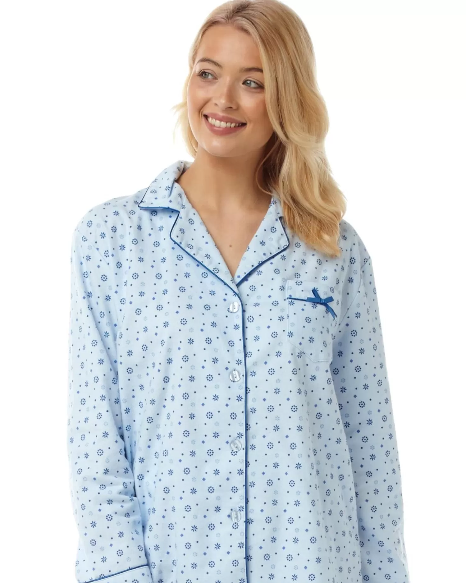 Lady Olga Pyjamas | Holly Winceyette Long Sleeve Pyjamas - Soft Blue