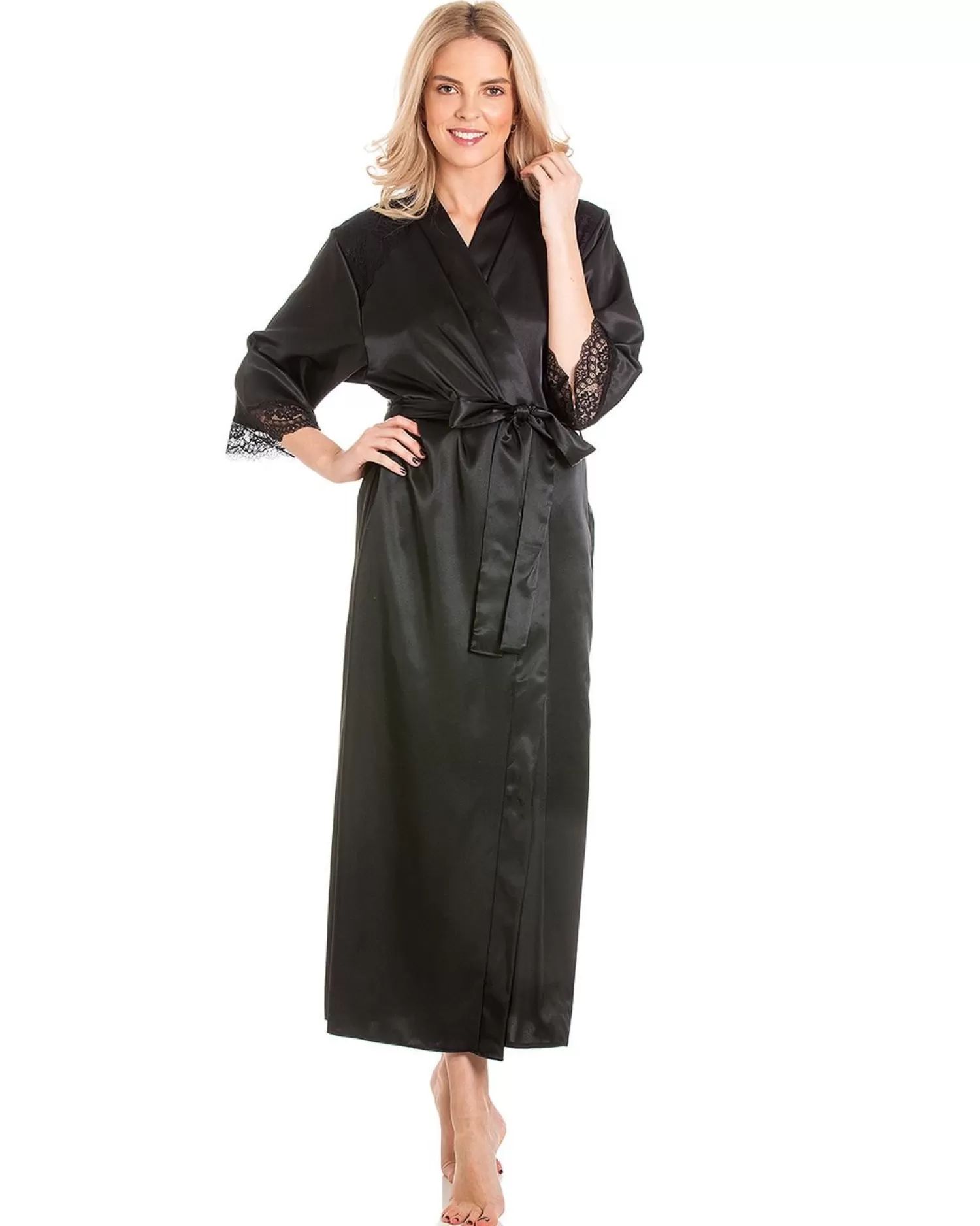 Lady Olga Dressing Gowns | Luxury Satin Dressing Gown - Black