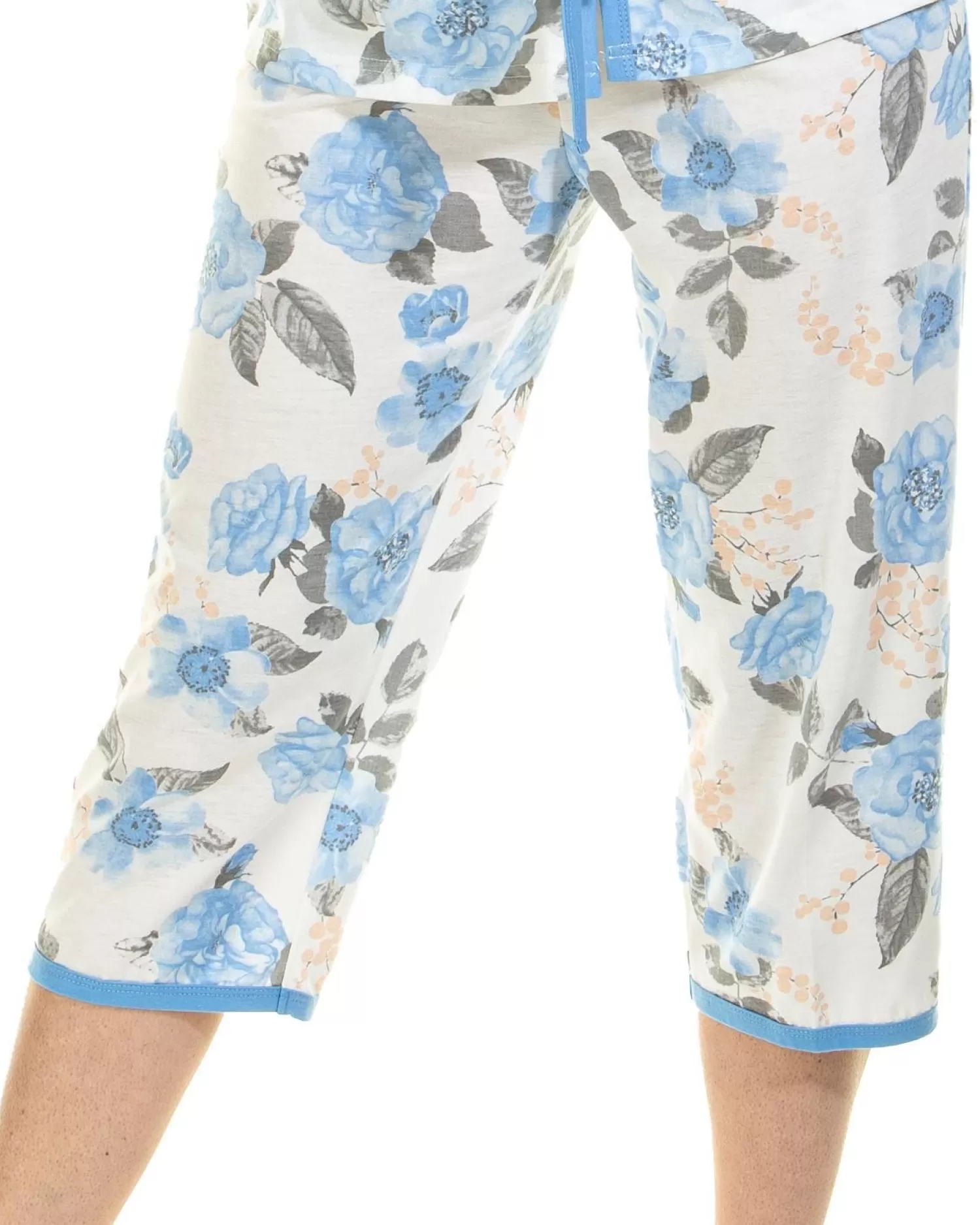 Lady Olga Pyjamas | Roses Jersey Cropped Pyjamas - Blue