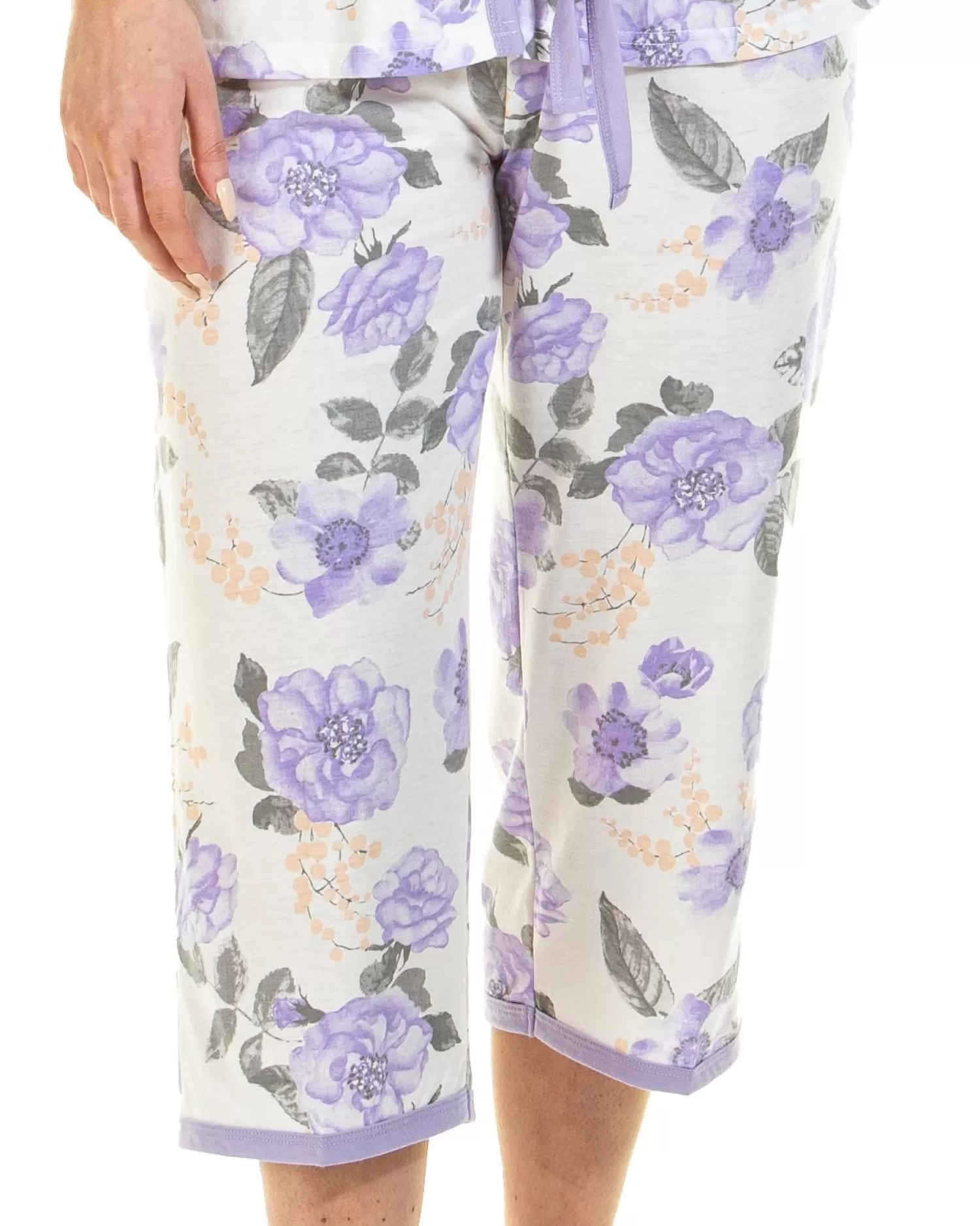 Lady Olga Pyjamas | Roses Jersey Cropped Pyjamas - Lilac