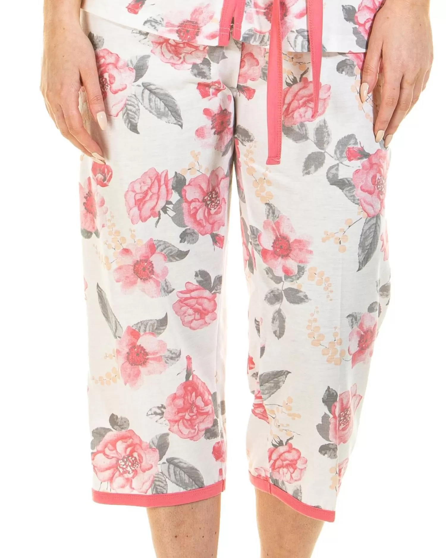 Lady Olga Pyjamas | Roses Jersey Cropped Pyjamas - Pink