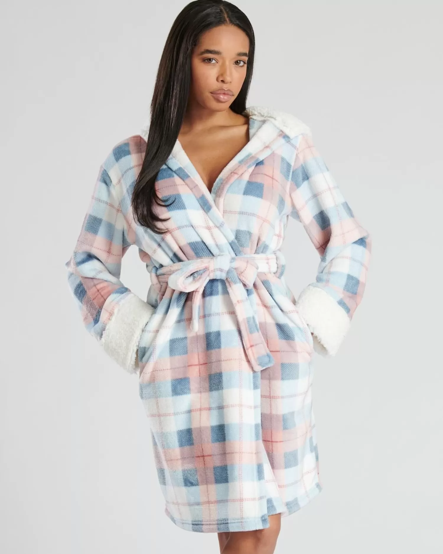 Loungeable Dressing Gowns | Blue Check Hooded Dressing Gown