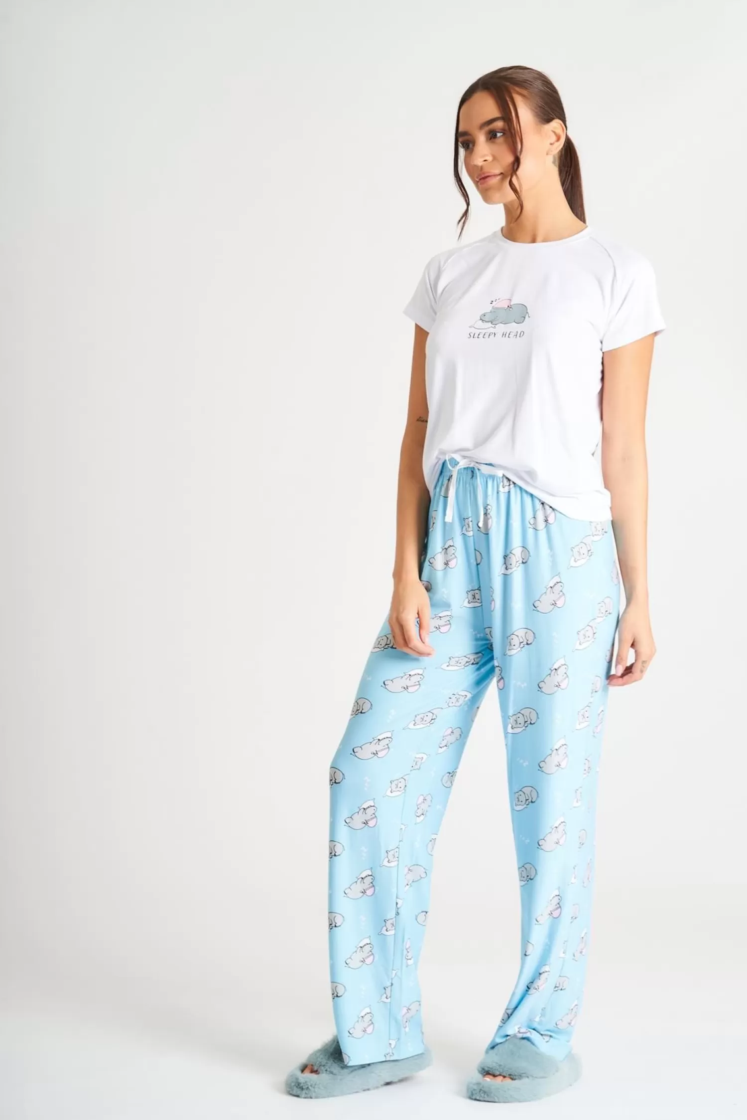 Loungeable Pyjamas | Blue Sleepy Hippo Long Pyjamas