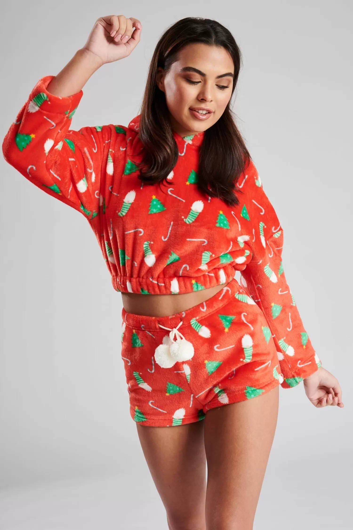 Loungeable Pyjamas | Christmas Print Cropped Hoodie & Short Pyjama Set