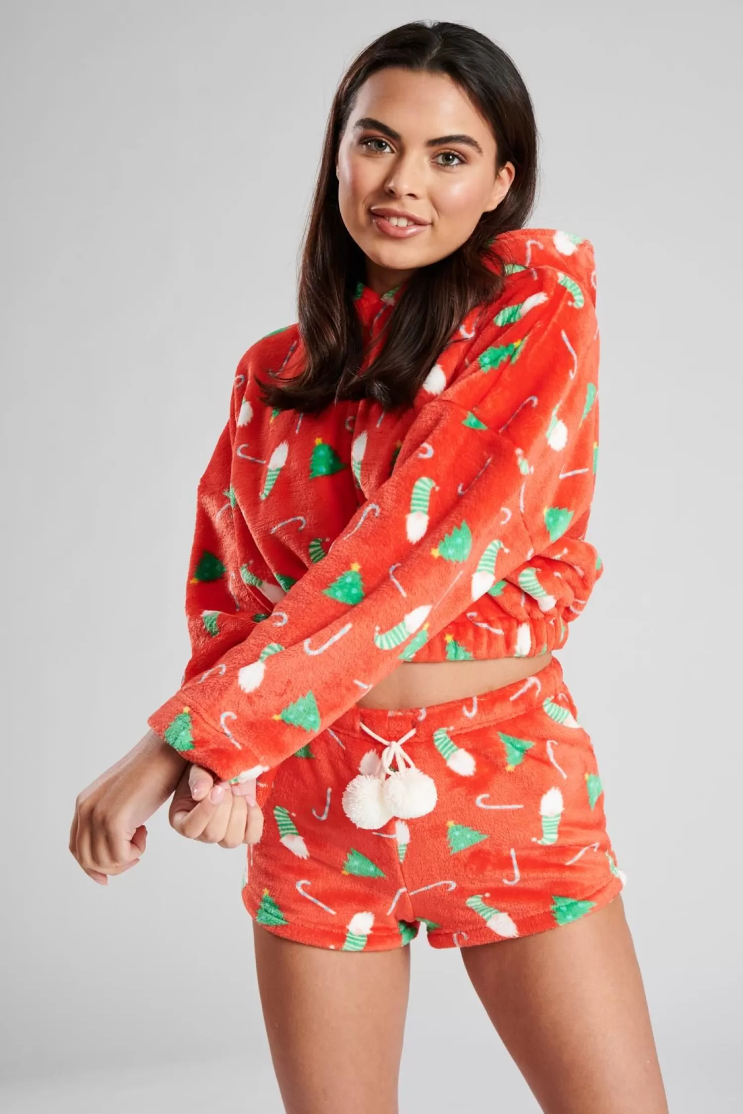 Loungeable Pyjamas | Christmas Print Cropped Hoodie & Short Pyjama Set