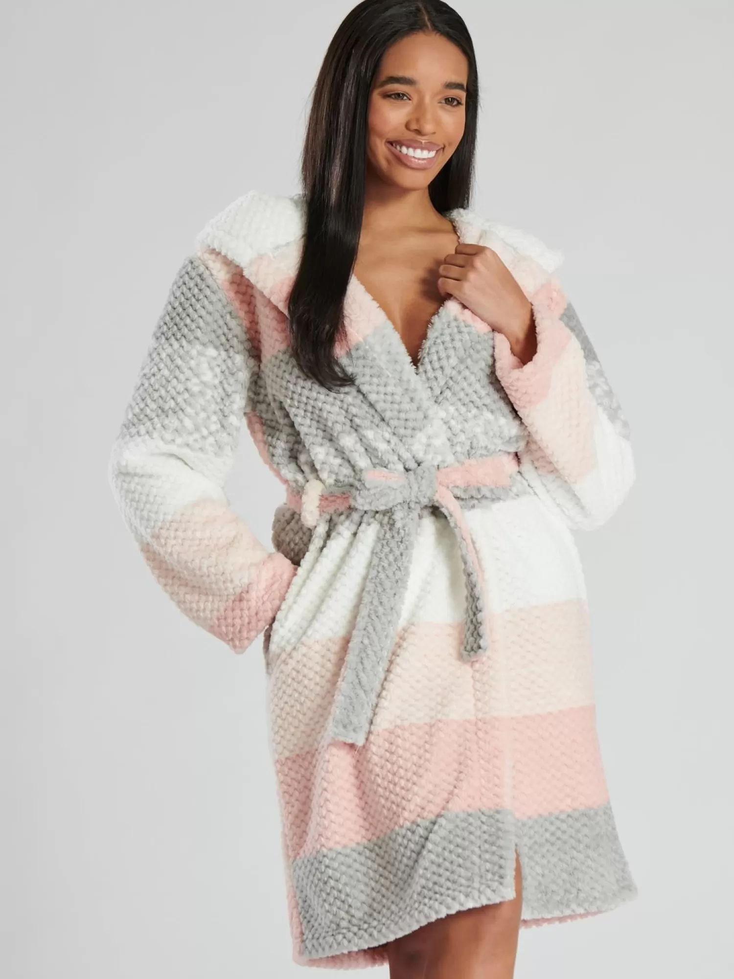 Loungeable Dressing Gowns | Grey Waffle Striped Dressing Gown