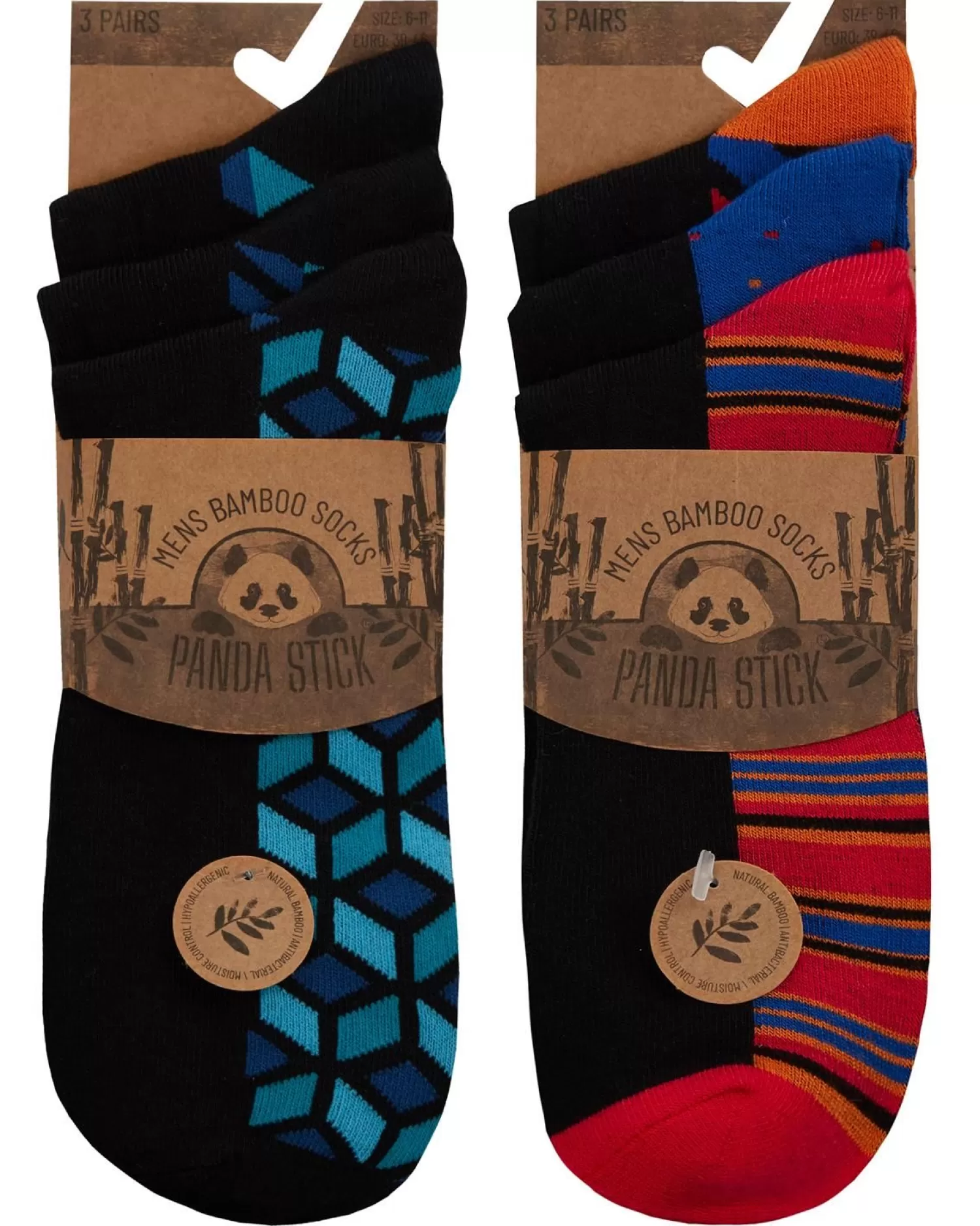 Men PandaStick Mens 6 Pack Bamboo Socks - Patterned Footbed