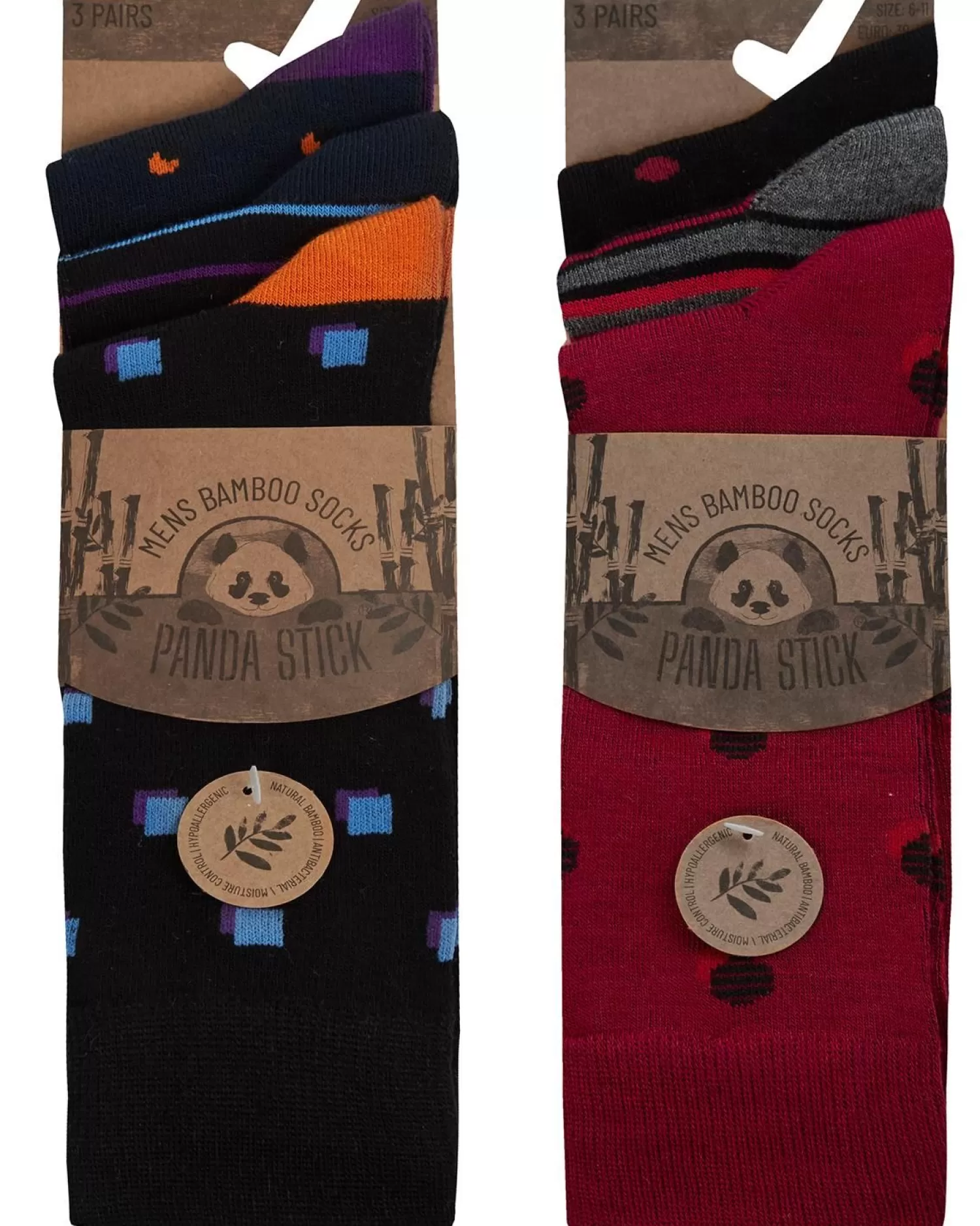 Men PandaStick Mens 6 Pack Bamboo Socks - Spot/Stripe Mix