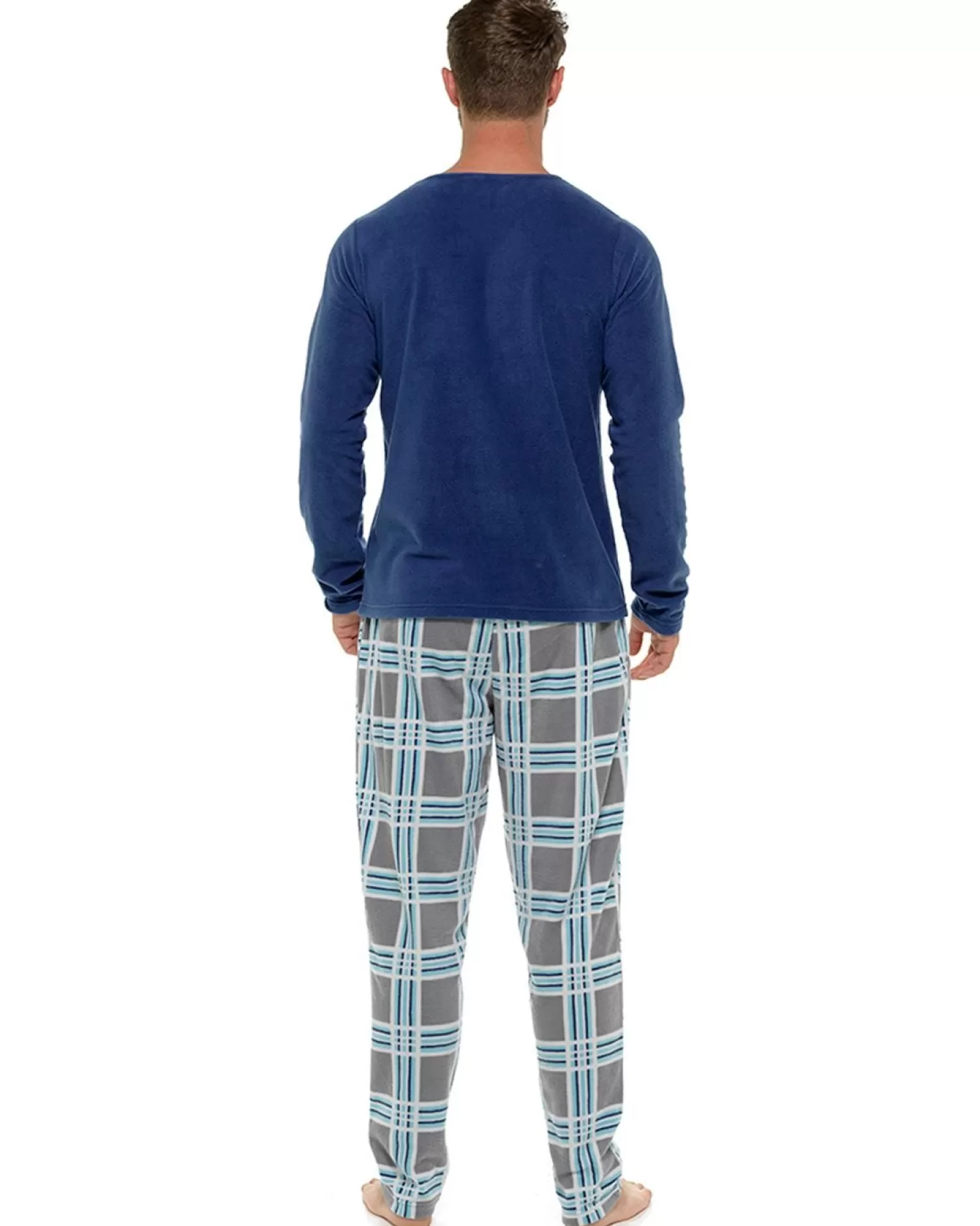 Men Foxbury Mens Blue/Grey Check Fleece Long Pyjamas