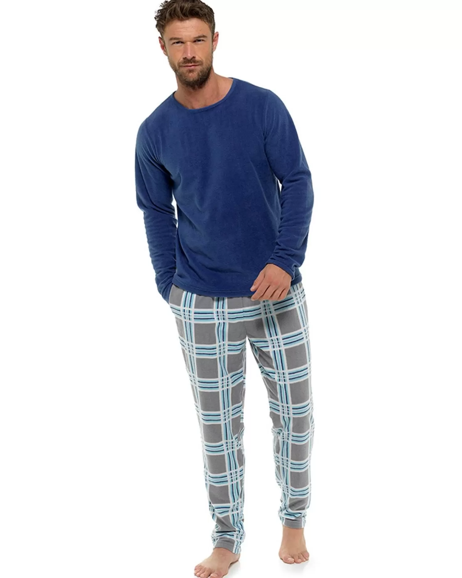 Men Foxbury Mens Blue/Grey Check Fleece Long Pyjamas