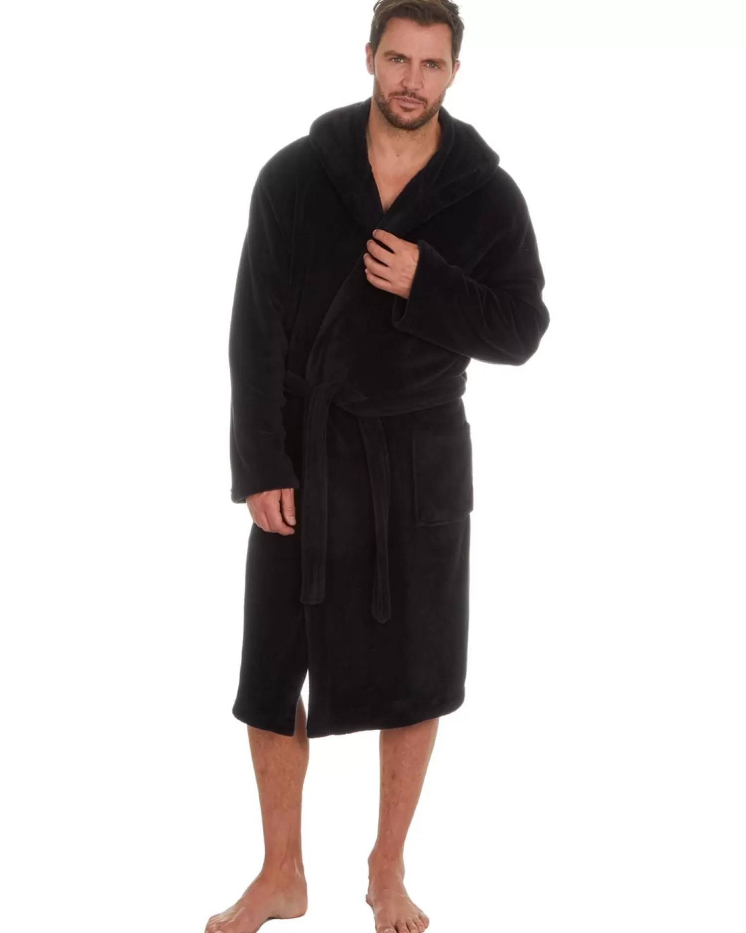 Men Embargo Mens Fleece Hooded Dressing Gown - Black