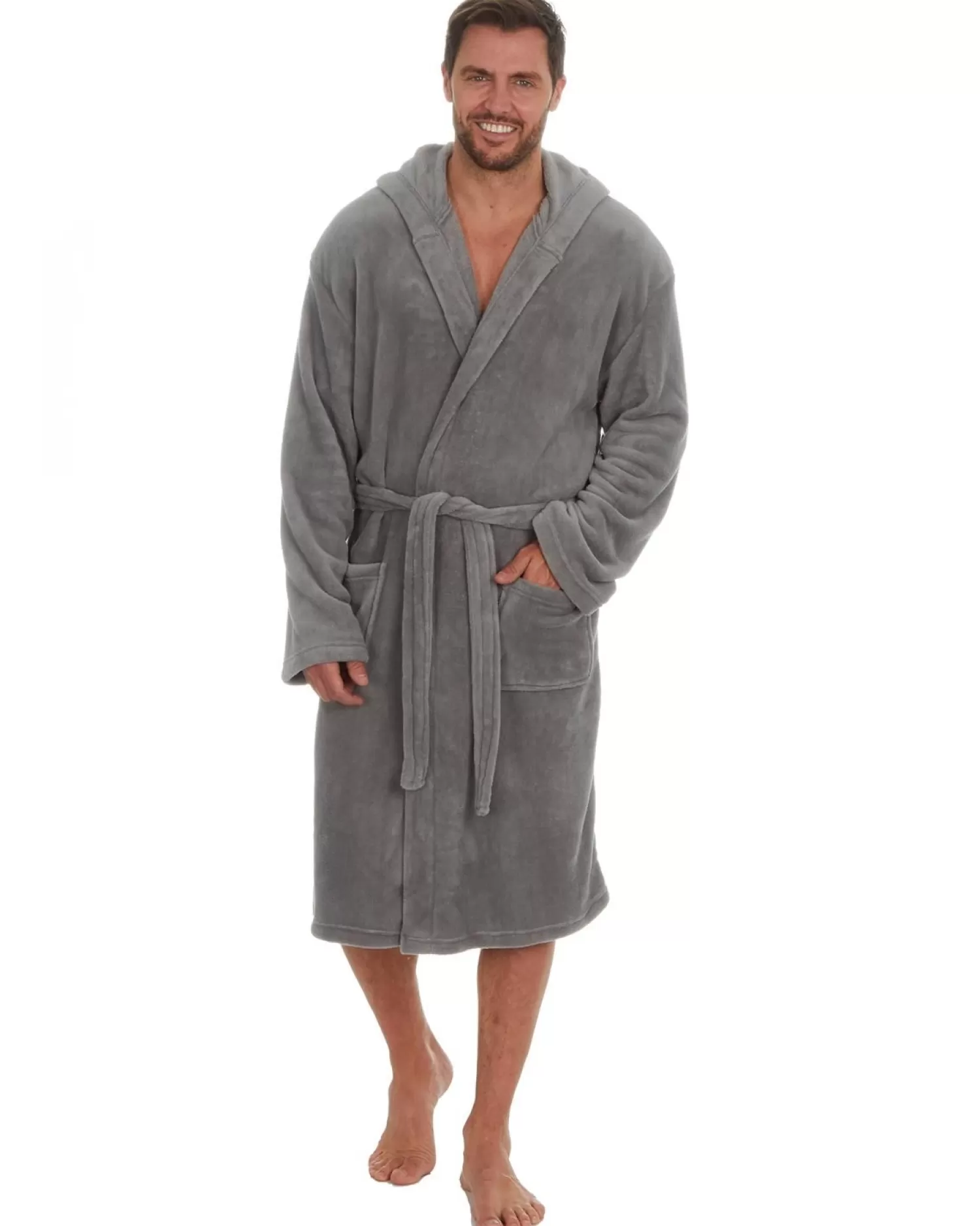 Men Embargo Mens Fleece Hooded Dressing Gown - Grey