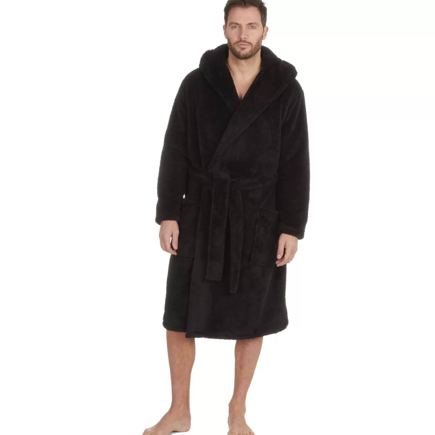 Men * Mens Solid Black Fleece Hooded Dressing Gown