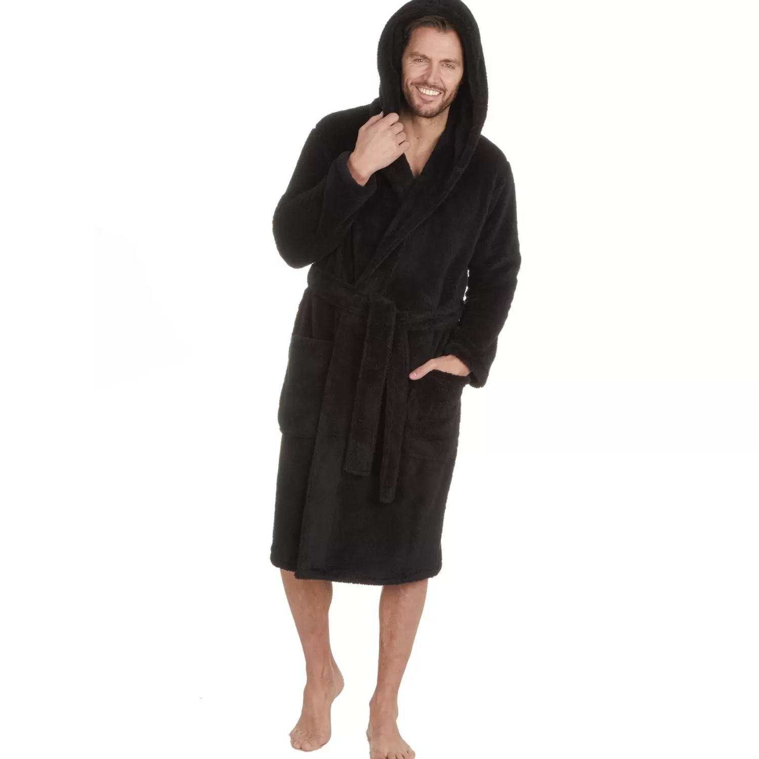 Men * Mens Solid Black Fleece Hooded Dressing Gown