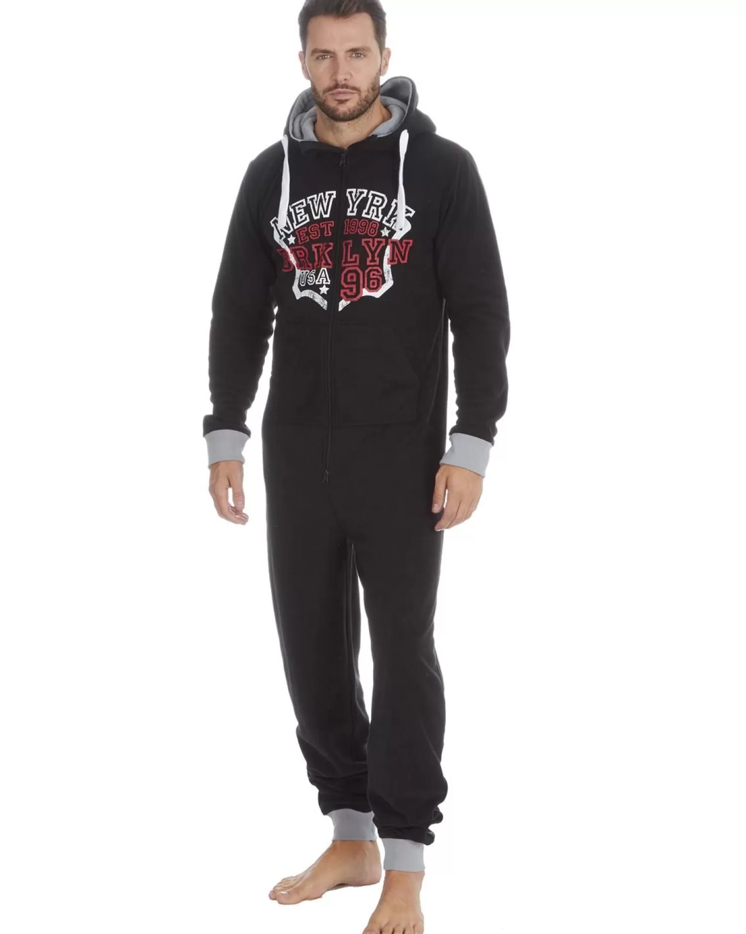 Men * Mens Varsity Fleece Hooded Onesie - Black