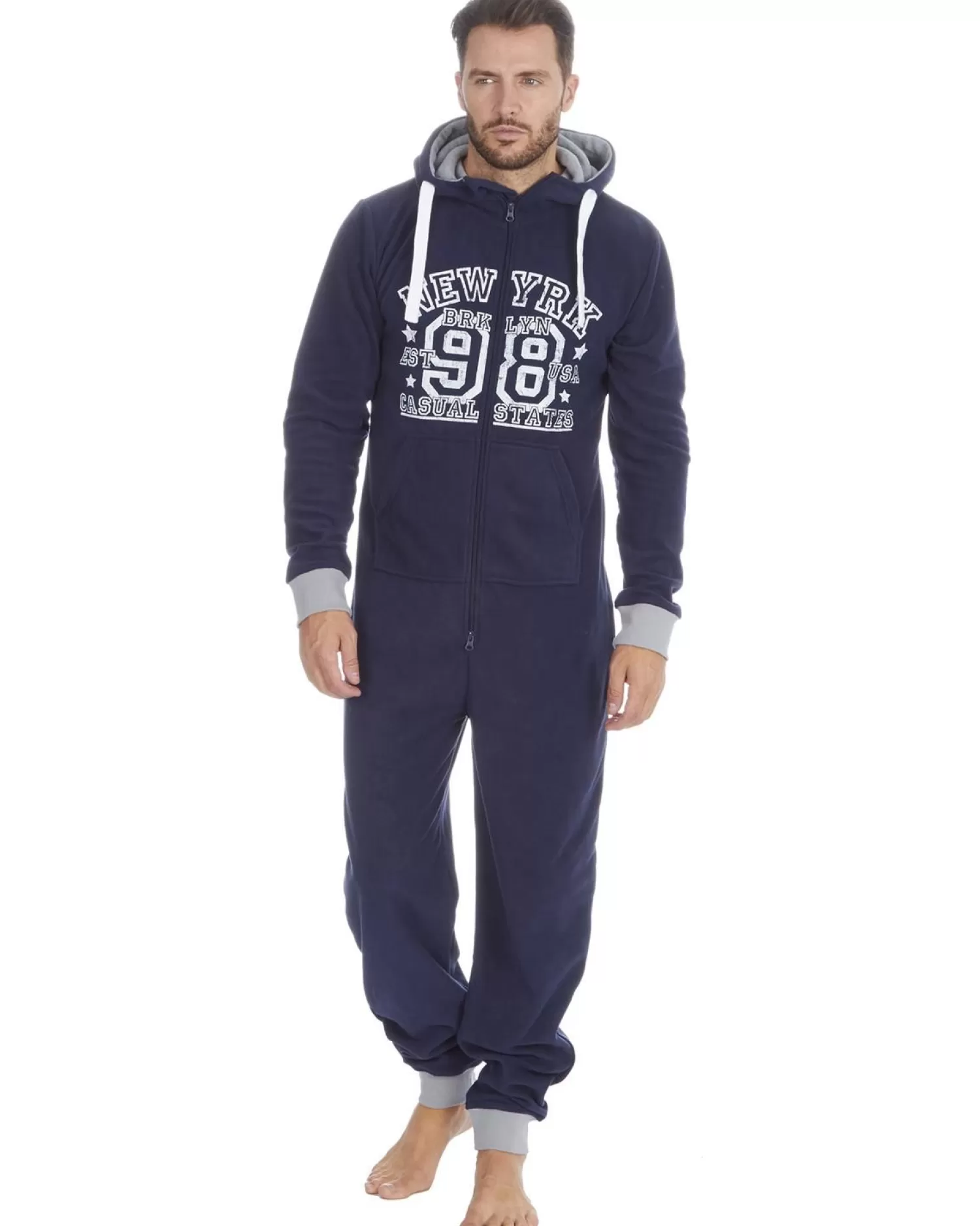 Men * Mens Varsity Fleece Hooded Onesie - Navy