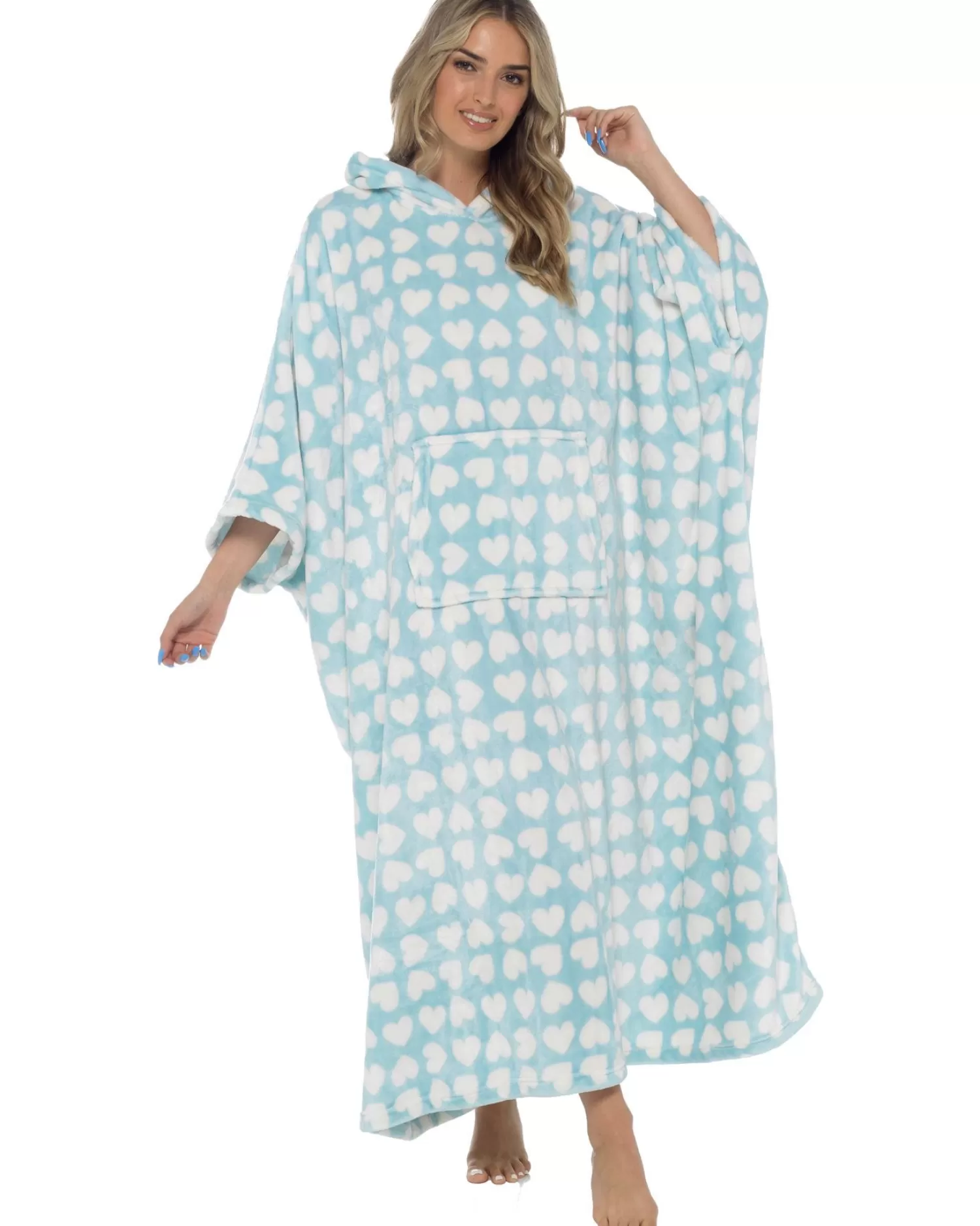 * Loungewear | Oversized Long Hooded Blanket Poncho - Blue Heart