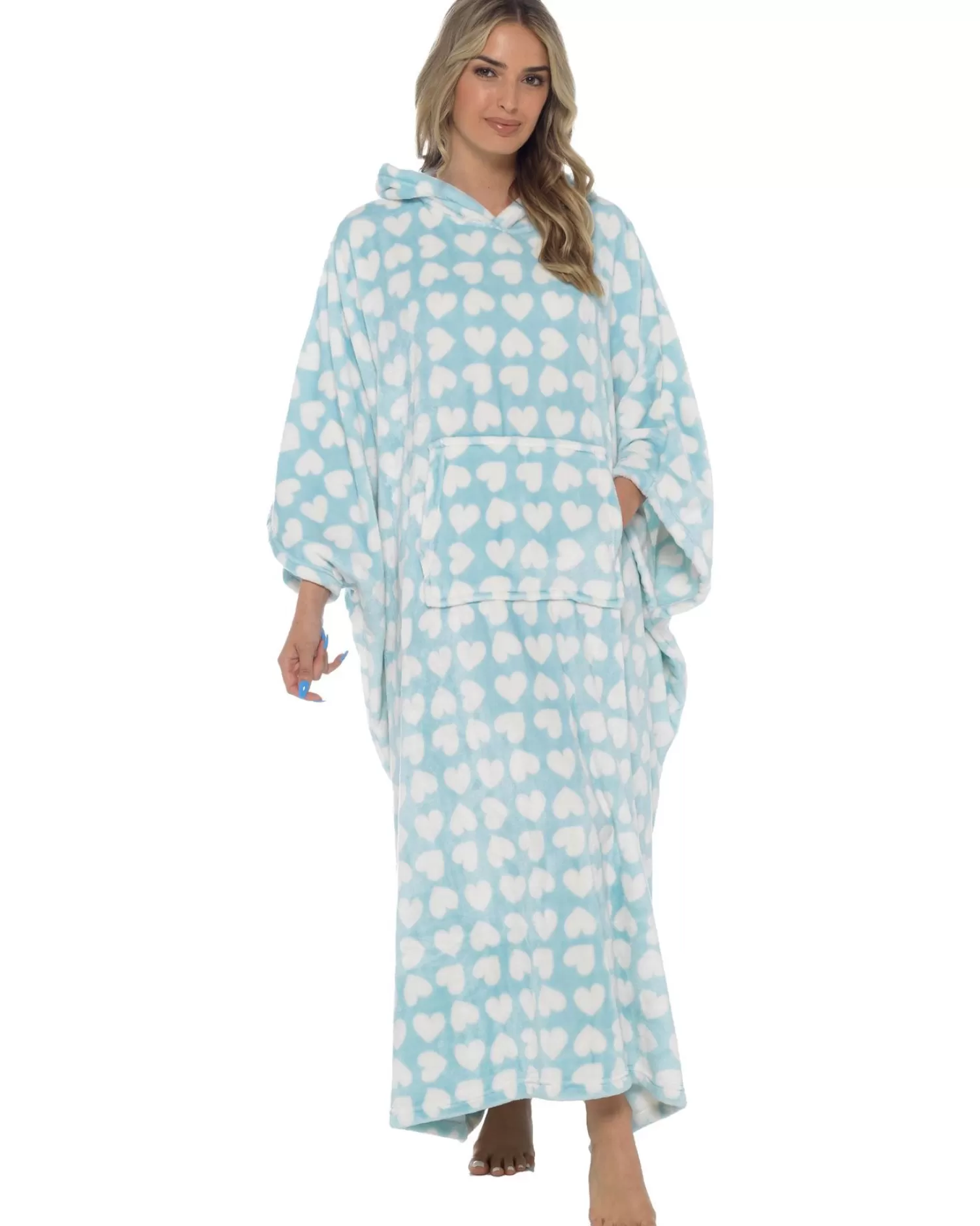 * Loungewear | Oversized Long Hooded Blanket Poncho - Blue Heart