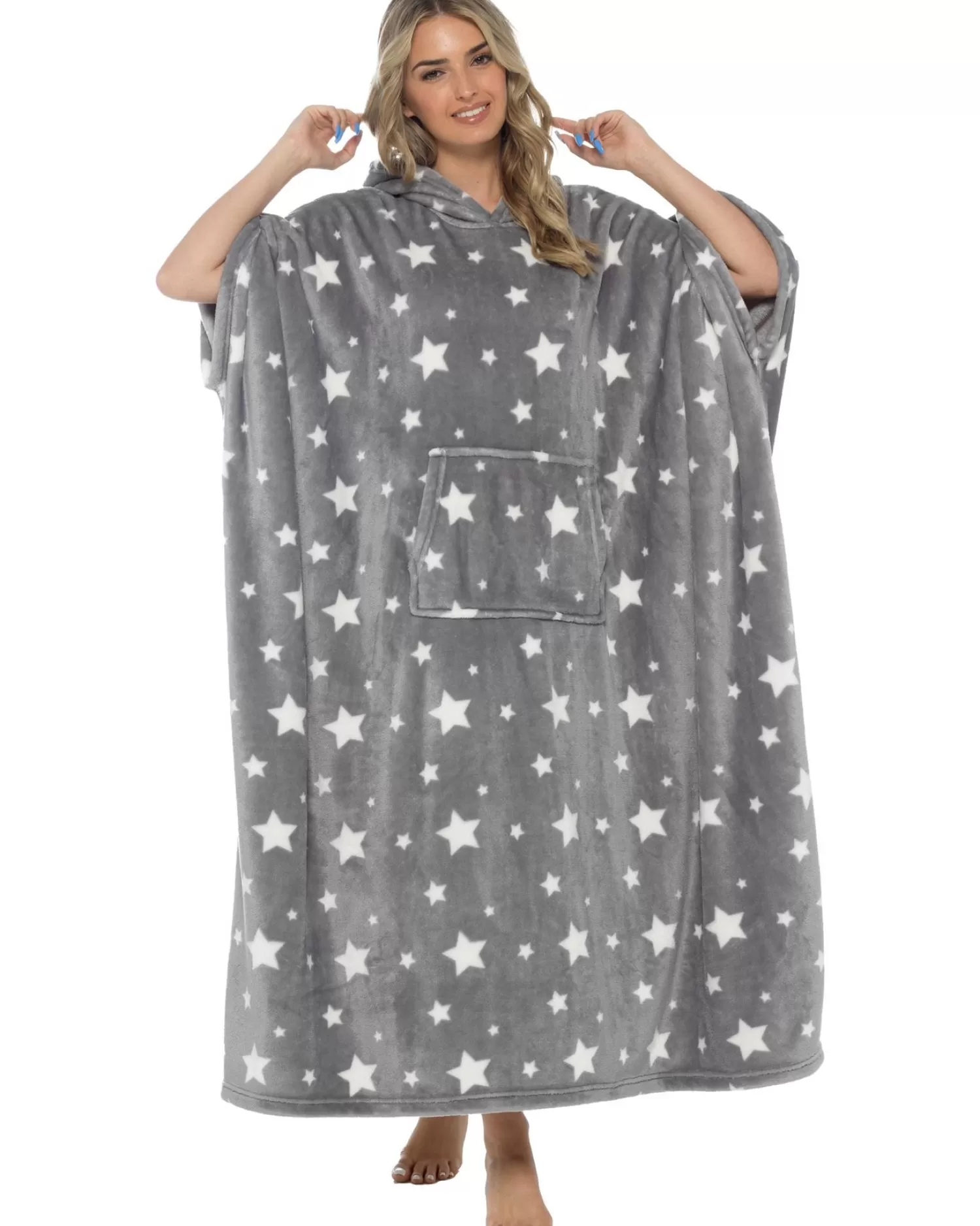 * Loungewear | Oversized Long Hooded Blanket Poncho - Grey Star