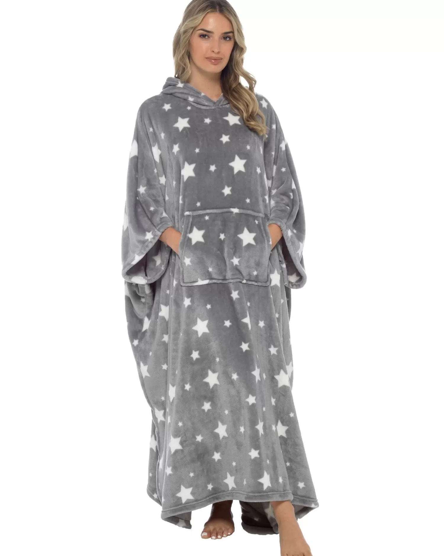 * Loungewear | Oversized Long Hooded Blanket Poncho - Grey Star