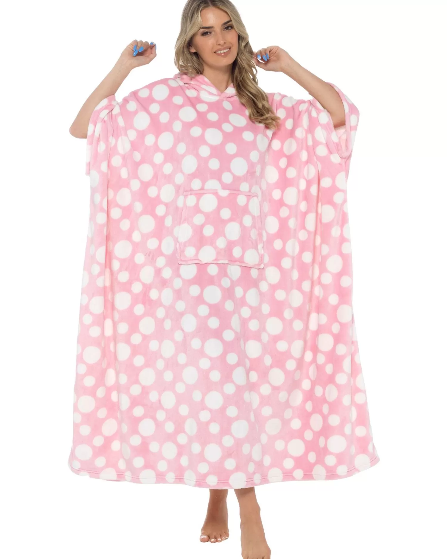 * Loungewear | Oversized Long Hooded Blanket Poncho - Pink Spot