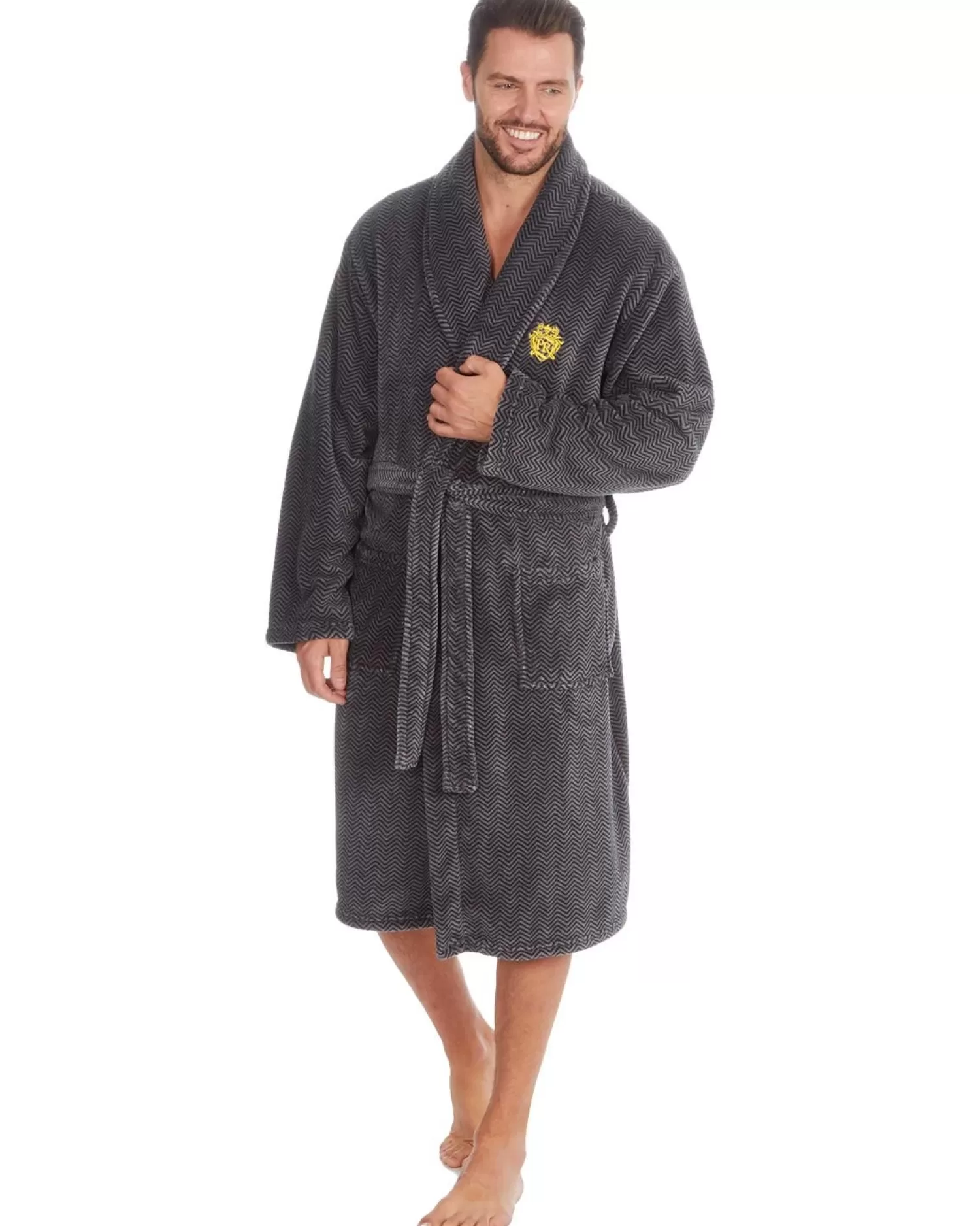 Men Pierre Roche Chevron Fleece Dressing Gown - Grey