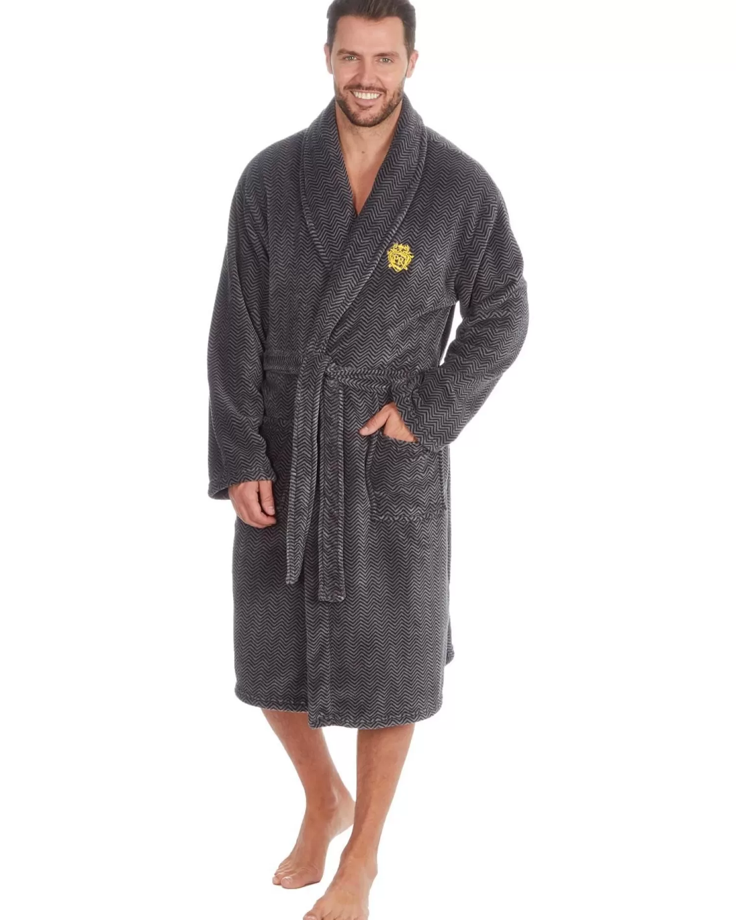 Men Pierre Roche Chevron Fleece Dressing Gown - Grey