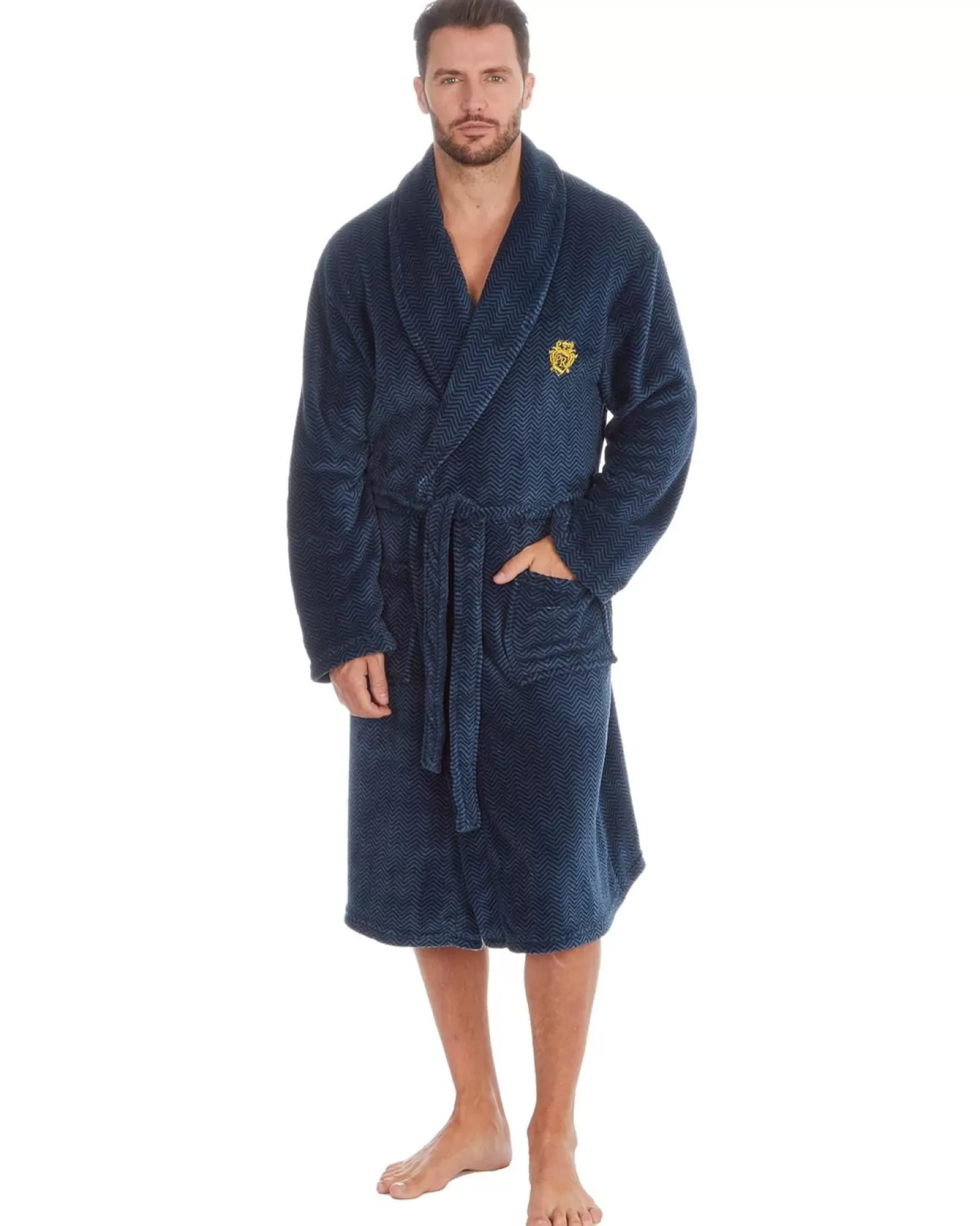 Men Pierre Roche Chevron Fleece Dressing Gown - Navy