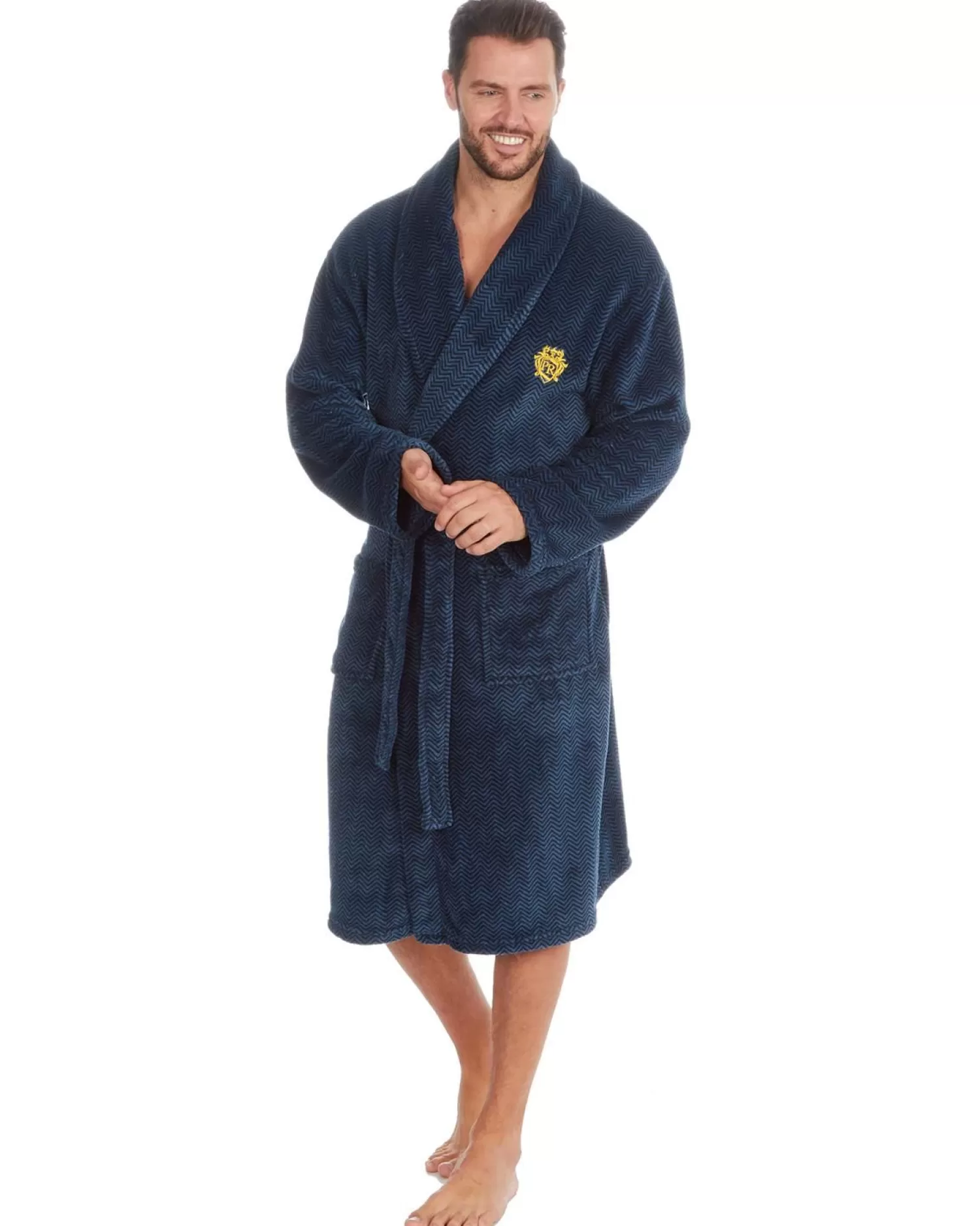 Men Pierre Roche Chevron Fleece Dressing Gown - Navy