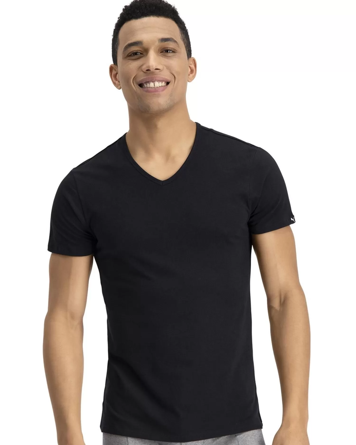 Men Puma 2 Pack Cotton V Neck T-Shirts - Black