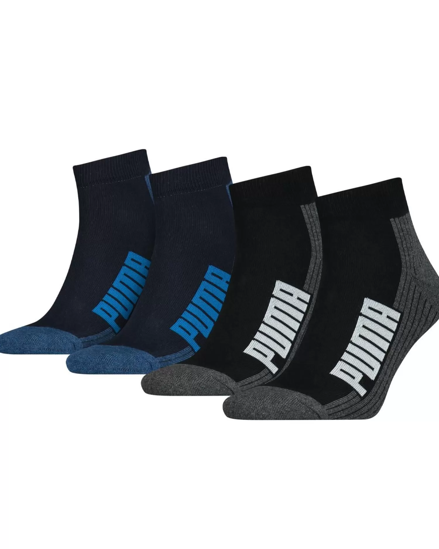 Men Puma 4 Pack Cushioned Quarter Socks - Black/Blue