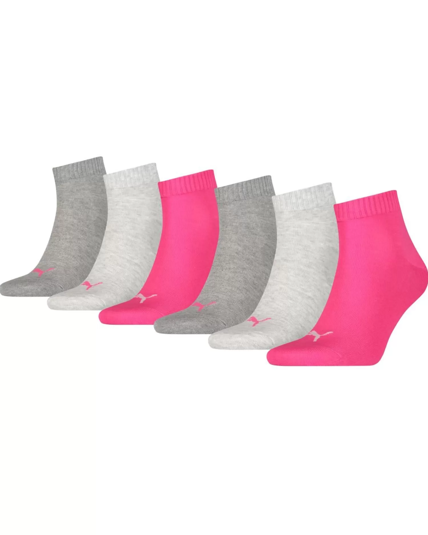 Men Puma 6 Pack Quarter Sports Socks - Middle Grey Melange/Pink