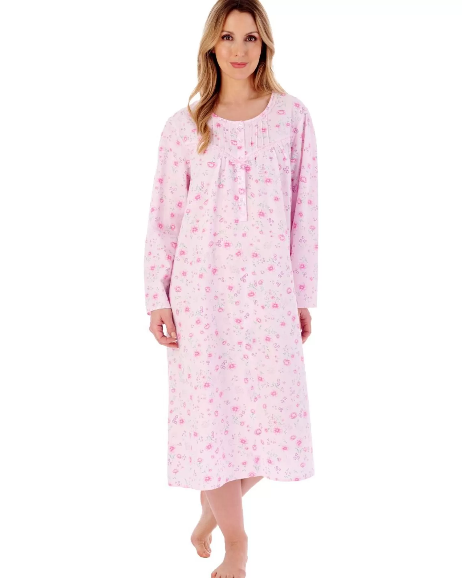 Slenderella Nighties | 100% Woven Cotton Long Sleeve Nightie - Pink