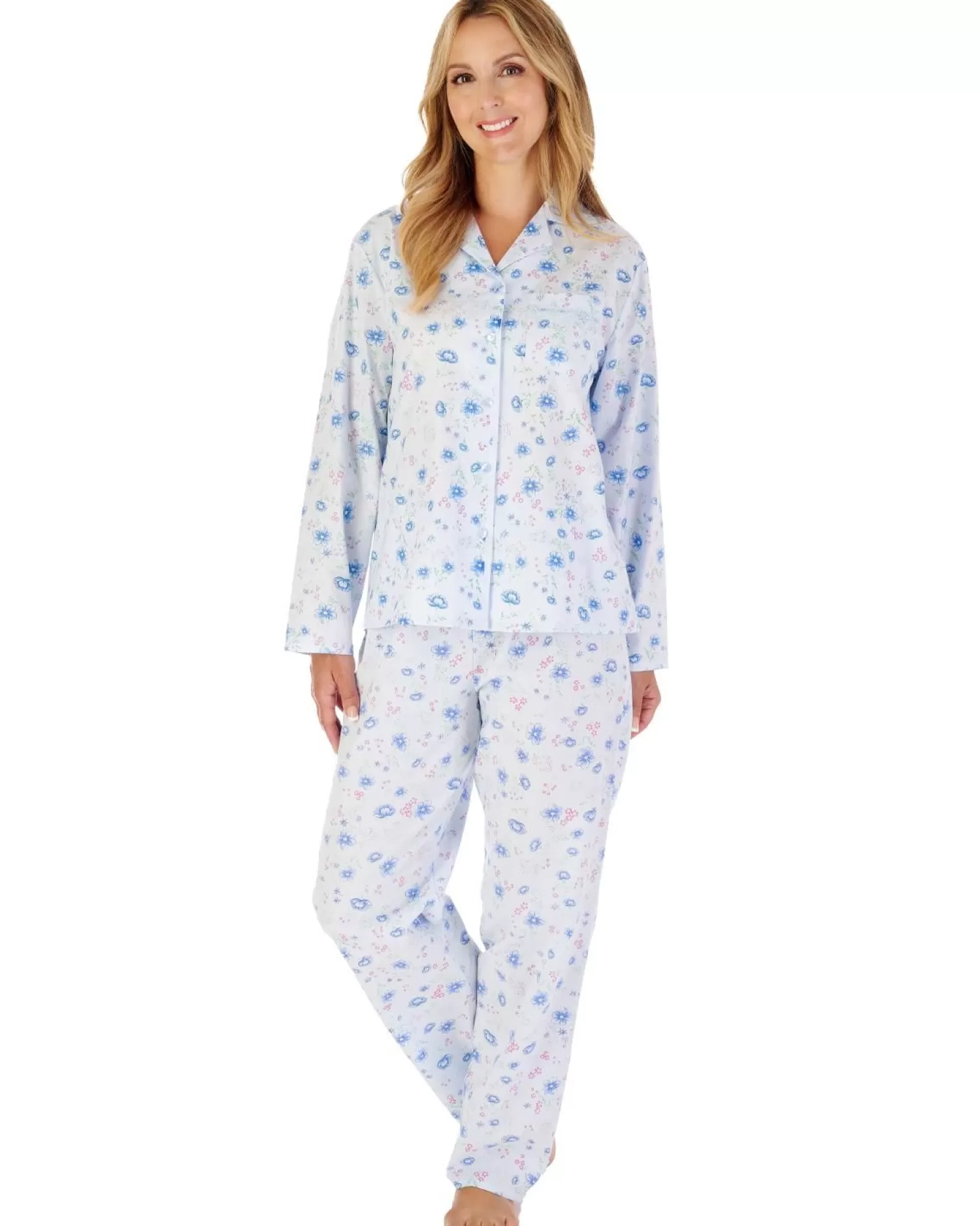 Slenderella Pyjamas | 100% Woven Cotton Long Sleeve Pyjamas - Blue